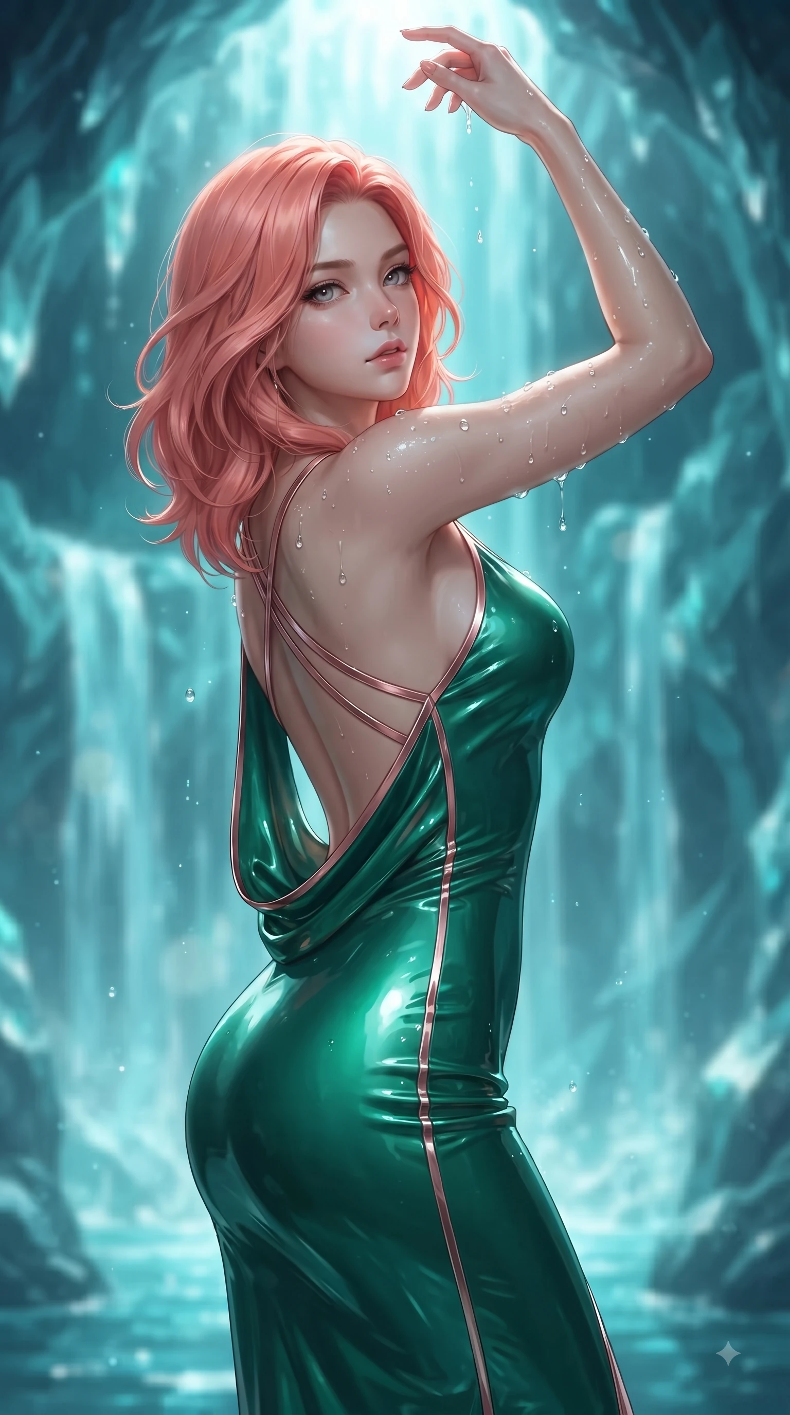 score_9, masterpiece, best quality, ultra-detailed, high-budget anime keyframe, editorial fashion photography, tasteful artistic composition, Japanese woman. close-up cowboy shot from the waist and thighs up, the character dominates the composition, filling the frame with her large presence. extending one arm gracefully toward the light while her torso arches in a sleek, alluring curve with magnetic intensity while standing beneath a subterranean waterfall of liquid cyan light as droplets sparkle across her shoulders. The composition keeps background elements in soft focus with creamy bokeh. cascading glowing waterfalls and crystalline cavern walls blurred into rich turquoise bokeh. She has an exceptionally elegant, slender, and willowy female figure with an ultra-slim waist, a gracefully sculpted slender torso, and a refined silhouette. sharp v-shaped jawline, high-bridge nose, intricate jewel-like eyes with depth, thick eyelashes, glossy lips with a natural sheen, flawlessly proportioned anatomical accuracy, natural body alignment, perfectly sculpted elegant limbs, clean dynamic posture without body distortion. wearing a precision-fitted liquid jersey bodycon dress with a dramatic draped cowl back that swoops down to her waist in emerald green and metallic rose gold trim, formed from high-gloss patent material with specular light reflections, complemented by criss-cross back straps highlighting her completely bare spine, the form-contouring second-skin material highlighting her ultra-slim waist and long lines. surrounded by a mysterious, pristine, and alluringly cool aquatic grotto atmosphere. ultra-reflective glossy finish, specular highlights, metallic sheen, high-contrast stereoscopic depth, volumetric dynamic lighting, 2k, ultra detail, master piece, 9:16 ratio