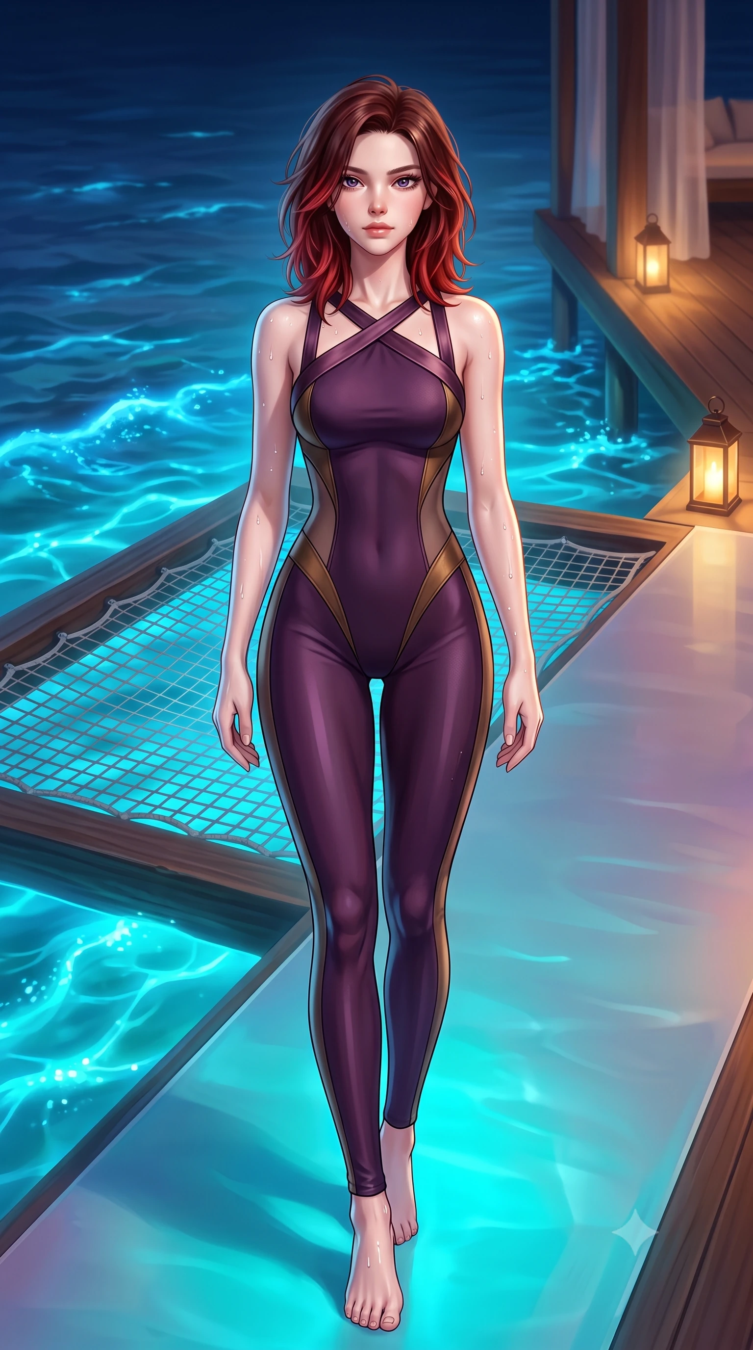 score_9, masterpiece, best quality, ultra-detailed, high-budget anime keyframe, semi-realistic 3D game render, editorial fashion photography, tasteful artistic composition, Korean woman. low angle full-body shot from head to toe showing her feet, filling the entire 9:16 vertical frame with her statuesque presence, stretching her vertical silhouette. striding forward in a proud supermodel runway stride, hips swaying in an alluring kinetic rhythm that accentuates her curvy hourglass silhouette while reclining across the suspended overwater net hammock hovering inches above glowing blue bioluminescent waves, arching her spine with seductive tropical grace. The surrounding environment is rendered in vivid detail and crisp panoramic clarity. detailed swimwear fabric sheen, water droplet beads on skin, and starlit sky clarity in high resolution. She has an exceptionally tall and slender model-like 8.5-heads proportion, an ultra-slim waist, a flat toned midriff, narrow delicate ribcage, and beautifully sculpted feminine hips creating a graceful, slim hourglass silhouette without any bulky heaviness, with impossibly long slender legs. sharp v-shaped jawline, high-bridge nose, intricate jewel-like eyes with depth, thick eyelashes, glossy parted lips with a natural sheen, intensely captivating and seductive bedroom-eyes expression, flawlessly proportioned anatomical accuracy, strict slender model proportions, natural body alignment, perfectly sculpted long slender limbs, ultra-slim waistline, clean dynamic posture without body distortion. wearing a second-skin compression catsuit with an open back and sheer mesh side waist contouring in deep plum violet and antique bronze, tailored from water-resistant treated wool gabardine and flexible stretch silk, finished with criss-cross back satin straps highlighting her graceful shoulder blades, the form-contouring material adhering flawlessly to her sculpted flat midriff and slender torso, emphasizing her long leg lines and perfectly proportioned willowy build. bathed in ethereal turquoise bioluminescent uplights from the water below and soft warm villa deck lanterns. highly saturated vibrant anime colors, detailed shading with soft gradients, rich glossy textures, high-contrast stereoscopic depth, volumetric dynamic lighting, master piece, 9:16 ratio