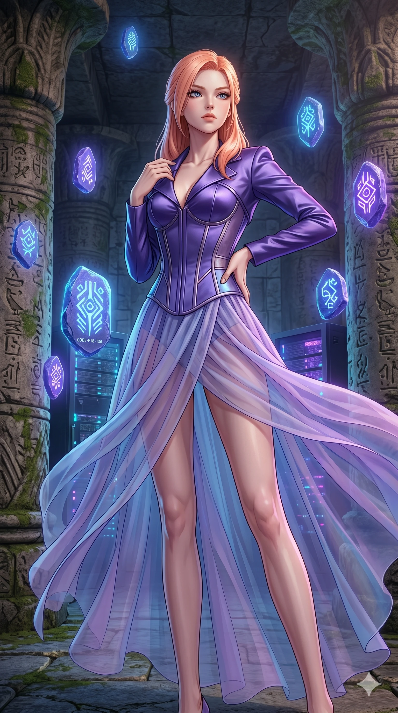 score_9, masterpiece, best quality, ultra-detailed, high-budget anime keyframe, editorial fashion photography, tasteful artistic composition, Japanese woman. cowboy shot from the thighs up, character and outfit filling the frame for maximum editorial presence. holding a powerful pose, looking past the camera with quiet superiority inside an ancient stone temple filled with floating glowing runestones (Code-P18-136). She has an absolutely perfect 8-heads proportion, an exceptionally tall and slender female figure with impossibly long slender legs and an ultra-slim waist. V-shaped jawline, high-bridge nose, intricate jewel-like eyes with depth, thick eyelashes, glossy lips with a natural sheen. wearing a structured satin corset combined with a transparent chiffon wrap skirt. neon blue and violet light from the servers casting sharp specular highlights on her outfit. 2k, ultra detail, master piece, 9:16 ratio