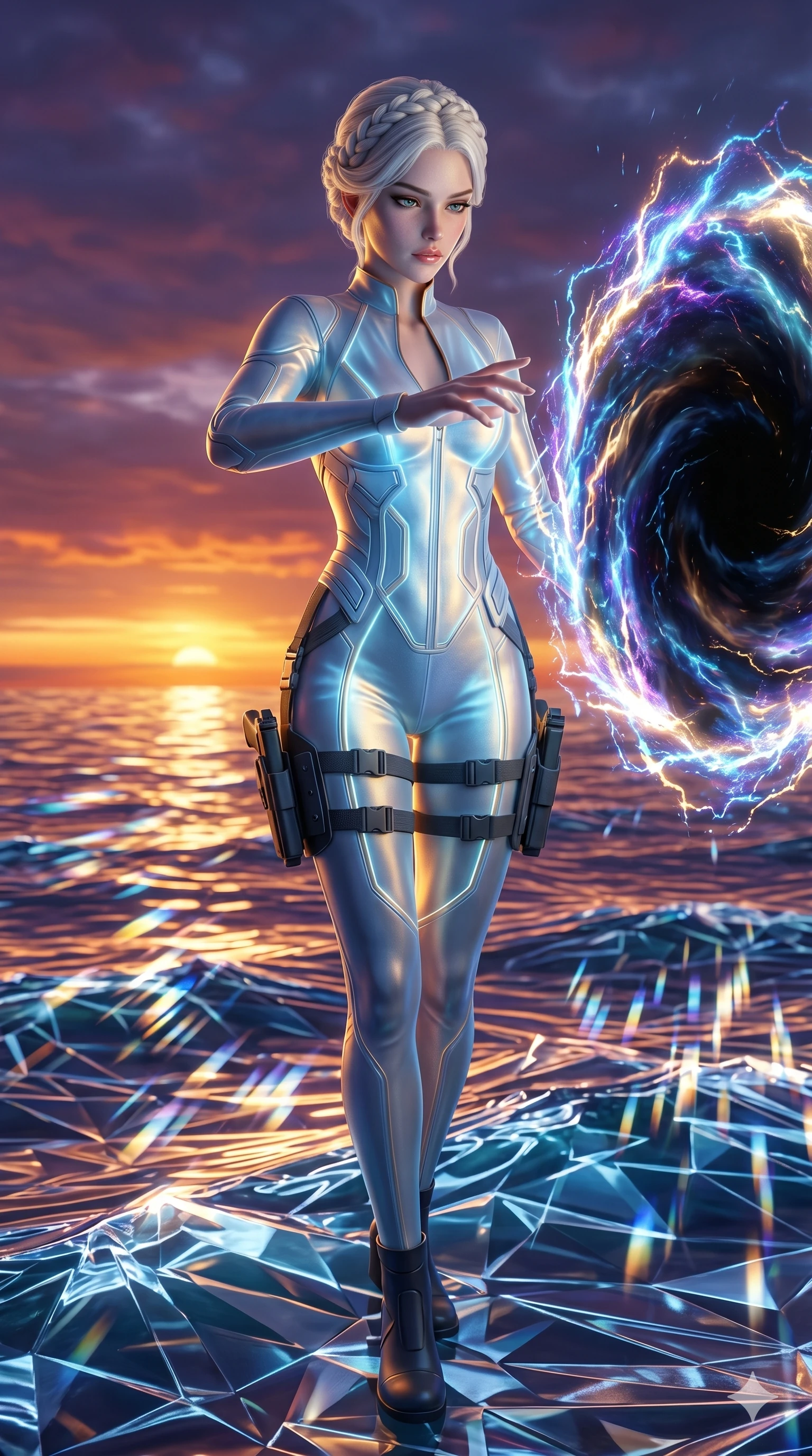 score_9, masterpiece, best quality, ultra-detailed, Photorealistic 8k CG, masterpiece, hyper-realistic SSS skin texture, cinematic ray-tracing, every pore and strand of hair rendered with extreme precision, 8k resolution, Korean woman with idol-like refined features. Dynamic full-body shot stretching the vertical silhouette, capturing her from a powerful low-angle perspective. Summoning a swirling portal to another dimension with her bare hands, the edges of the rift crackling with unstable energy. She has an well-proportioned figure, an tall and elegant figure with elegant legs and an graceful posture, her statuesque height and towering silhouette dominating the vertical 9:16 frame. Her face is a masterpiece featuring a sharp v-shaped jawline, high-bridge nose, intricate jewel-like eyes with depth, thick eyelashes, and glossy lips with a natural sheen. She is wearing a Sleek tactical uniform with thigh-high holsters, with a sleek modern design crafted from Bioluminescent silk that emits a soft, ethereal glow from within the fabric, with a stylishly open collar to with a modern aesthetic and a streamlined design. The scene is set in a vibrant sunset over a futuristic crystalline ocean with waves made of liquid light, illuminated by dynamic strobe effects that capture her movement in a series of sharp fragments. 2k, ultra detail, master piece, 9:16 ratio