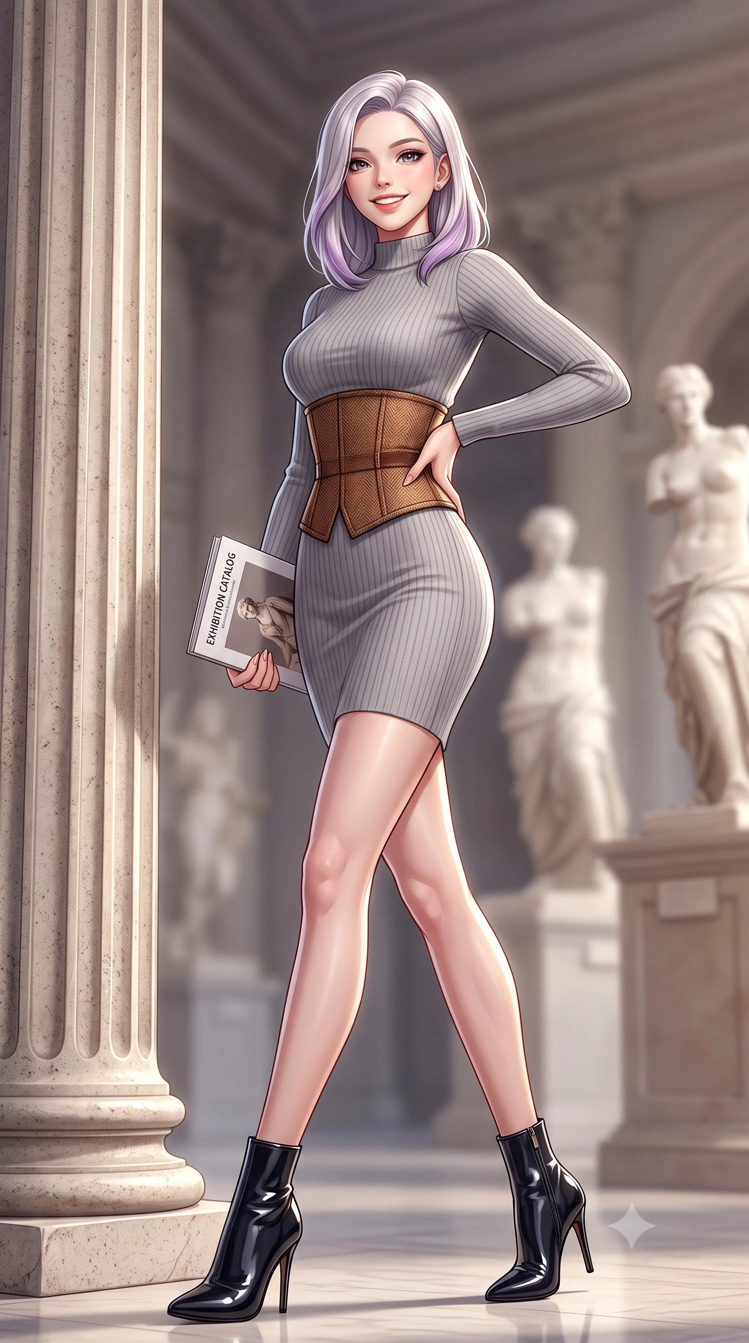 score_9, masterpiece, best quality, ultra-detailed, high-budget anime keyframe, semi-realistic 3D game render, editorial fashion photography, tasteful artistic composition, Caucasian woman. low angle full-body shot from head to toe showing her feet, filling the entire 9:16 vertical frame with her statuesque presence, stretching her vertical silhouette. walking briskly with tall supermodel strides, one hand placed on her narrow hip, her impossibly long slender legs commanding the frame while leaning lightly against the fluted Portland stone Corinthian column, one hand holding an exhibition catalog with refined poise. The background shows a soft-focus classical Greek sculptures on pedestals softened in majestic cultural sanctuary shallow focus. She has an exceptionally tall and slender model-like 8.5-heads proportion, an ultra-slim waist, a flat toned midriff, narrow delicate ribcage, and beautifully sculpted feminine hips creating a graceful, slim hourglass silhouette without any bulky heaviness, with impossibly long slender legs. sharp v-shaped jawline, high-bridge nose, intricate jewel-like sparkling eyes with depth, thick eyelashes, glossy parted lips with a natural peach sheen, bright cheerful beaming smile with an enchanting and coquettish sensual glint, exuding both youthful cute charm and seductive allure, flawlessly proportioned anatomical accuracy, strict slender model proportions, natural body alignment, perfectly sculpted long slender limbs, ultra-slim waistline, clean dynamic posture without body distortion. wearing a form-contouring ribbed cashmere mock-neck knit bodycon dress clinging like a second skin, paired with a tailored tweed waist cincher in warm chestnut brown and burnished gold, made of ultra-fine Mongolian cashmere with sleek glove-like elasticity contouring her silhouette, complemented by sleek patent leather stiletto ankle boots accentuating her long slender calves, the form-contouring silhouette accentuating her sculpted flat midriff, narrow delicate ribcage, and gracefully curvy hips with intoxicating allure. illuminated by pale stone reflection bounce and sharp platinum rim lights sculpting her jawline, narrow waist, and statuesque proportions. highly saturated vibrant anime colors, detailed shading with soft gradients, rich glossy textures, high-contrast stereoscopic depth, volumetric dynamic lighting, master piece, 9:16 ratio