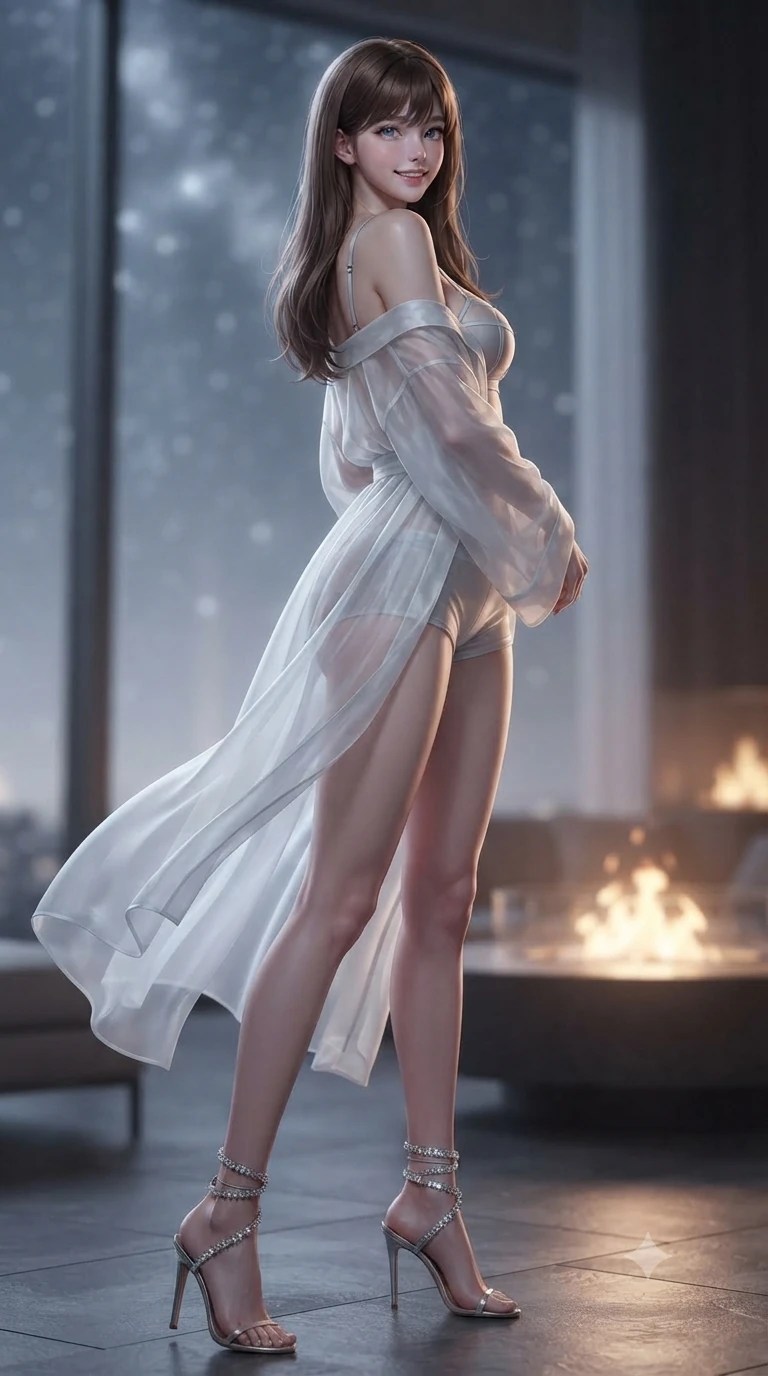 score_9, masterpiece, best quality, ultra-detailed, high-budget anime keyframe, editorial fashion photography, tasteful artistic composition, Korean woman. low angle full-body shot from head to toe showing her feet, filling the entire 9:16 vertical frame with her statuesque presence, stretching her vertical silhouette. posing in a classic haute-couture S-curve stance beside the floor-to-ceiling window, looking over a bare shoulder with magnetic presence while twisting her slender torso in an alluring contrapposto stance on the heated slate floor, starlight and fire pit glows tracing her flat midriff. The background shows a soft-focus recessed floor uplights softened in sky observatory penthouse shallow focus. She has an exceptionally tall and slender model-like 8.5-heads proportion, an ultra-slim waist, a flat toned midriff, narrow delicate ribcage, and beautifully sculpted feminine hips creating a graceful, slim hourglass silhouette without any bulky heaviness, with impossibly long slender legs. sharp v-shaped jawline, high-bridge nose, intricate jewel-like sparkling eyes with depth, thick eyelashes, glossy parted lips with a natural peach sheen, bright cheerful beaming smile with an enchanting and coquettish sensual glint, exuding both youthful cute charm and seductive allure, flawlessly proportioned anatomical accuracy, strict slender model proportions, natural body alignment, perfectly sculpted long slender limbs, ultra-slim waistline, clean dynamic posture without body distortion. wearing an ethereal translucent silk chiffon yukata robe slipping off bare shoulders over a strappy underwire bralette and micro-shorts in St. Moritz alpine frost white and icy crystal silver, made of fluid liquid jersey with seamless sculpting hold and smooth contours, complemented by strappy stiletto sandals with crystal ankle wraps accentuating her slender calves, the second-skin tailored fabric adhering flawlessly to her sculpted flat midriff and slender torso, emphasizing her long leg lines and perfectly proportioned willowy build. bathed in the breathtaking contrast of cool silver alpine starlight through glass and warm 2600K circular ethanol fire pit glows. ultra-reflective glossy finish, specular highlights, rich textural contrasts, high-contrast stereoscopic depth, volumetric dynamic lighting, 2k, ultra detail, master piece, 9:16 ratio