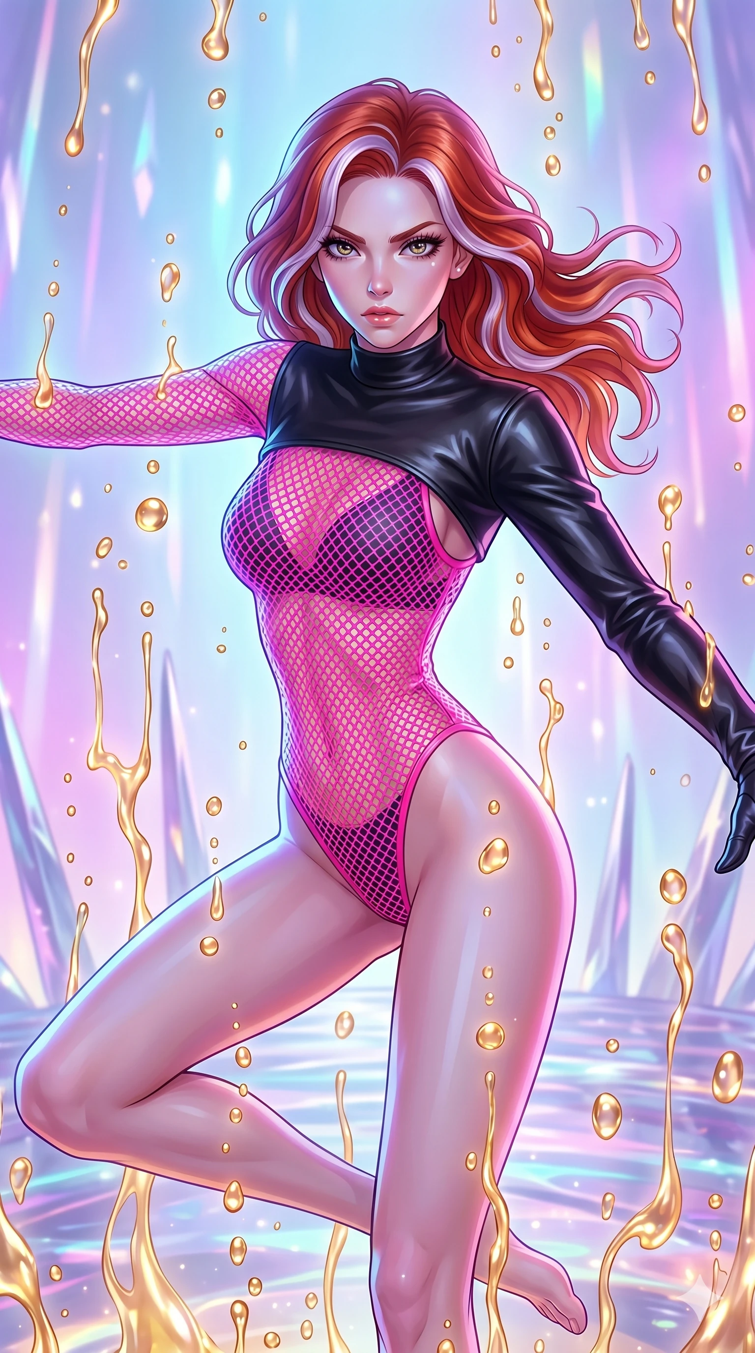 score_9, masterpiece, best quality, ultra-detailed, high-budget anime keyframe, Caucasian woman, strictly human ears. upper body close-up from the thighs up, character filling the screen for maximum presence. dodging ethereal liquid gold rain that rises upward from the ground in warm shimmering droplets under an inverted gravity field. She has an absolutely perfect 8-heads proportion, an exceptionally tall and slender female figure with impossibly long slender legs and an ultra-slim waist. V-shaped jawline, high-bridge nose, intricate jewel-like eyes with depth, thick eyelashes, glossy lips with a natural sheen.. wearing a fluorescent pink mesh bodysuit, styled with a cropped single-sleeve black leather shrug for a bold stage look. enhanced by a luminous pastel spectrum glow, casting elegant rim lights on her shoulders and jawline. 2k, ultra detail, master piece, 9:16 ratio