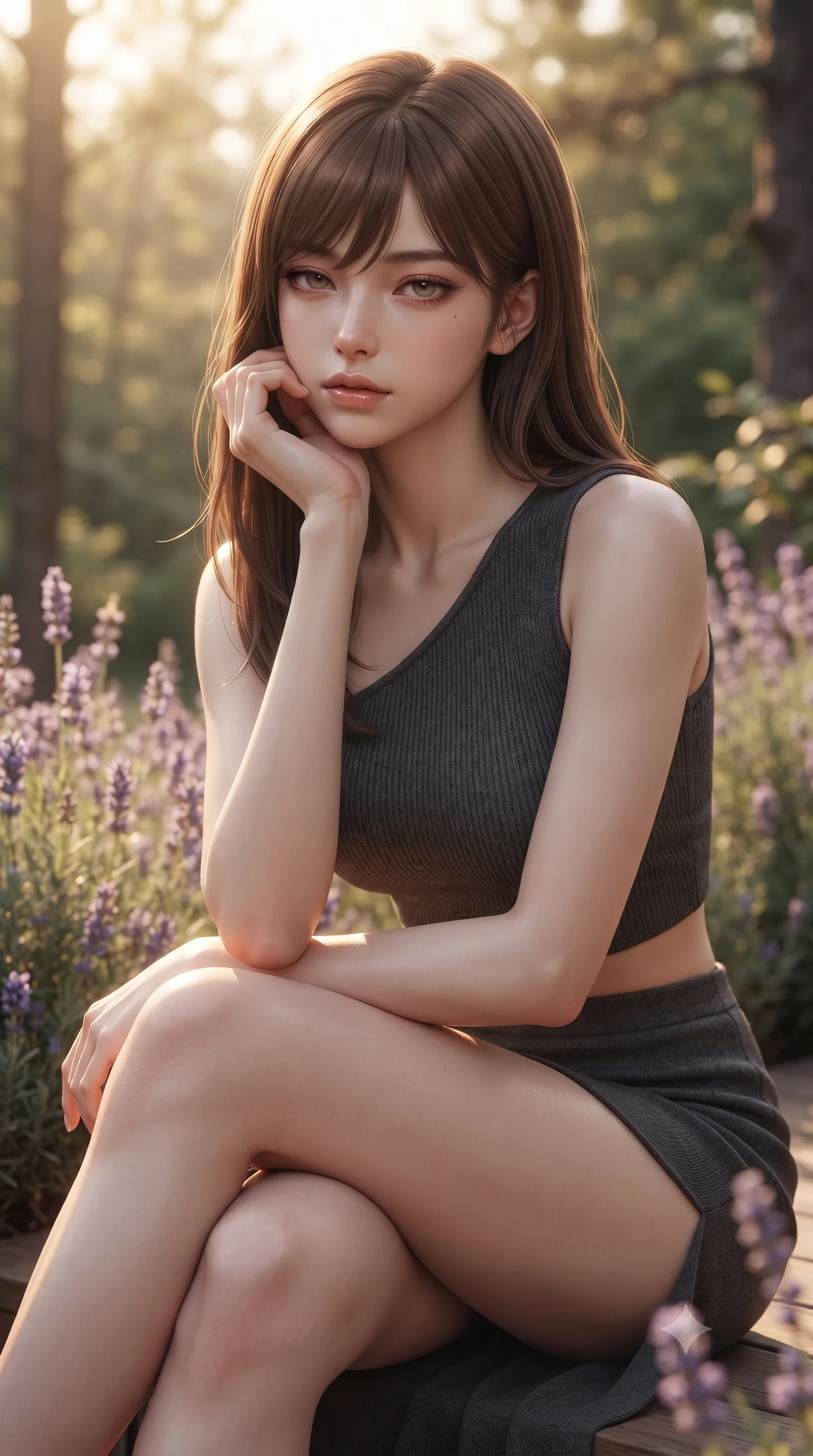 score_9, masterpiece, best quality, ultra-detailed, high-budget anime keyframe, editorial fashion photography, tasteful artistic composition, Korean woman. close-up cowboy shot from the waist and thighs up, the character dominates the composition, filling the frame with her large presence, background elements kept in soft focus. resting her chin on the backs of her fingers, casting a heavy-lidded, sultry look past the camera the background shows a soft-focus a private garden deck at a forest retreat, surrounded by wild lavender bushes. She has an exceptionally elegant, slender, and willowy female figure with an ultra-slim waist, a gracefully sculpted slender torso, and a refined silhouette. sharp v-shaped jawline, high-bridge nose, intricate jewel-like eyes with depth, thick eyelashes, glossy lips with a natural sheen. wearing a form-contouring asymmetric one-shoulder crop top in charcoal knit, paired with a high-slit skirt. soft golden afternoon sunbeams, casting a peaceful country glow. ultra-reflective glossy finish, specular highlights, metallic sheen, high-contrast stereoscopic depth, volumetric dynamic lighting, 2k, ultra detail, master piece, 9:16 ratio