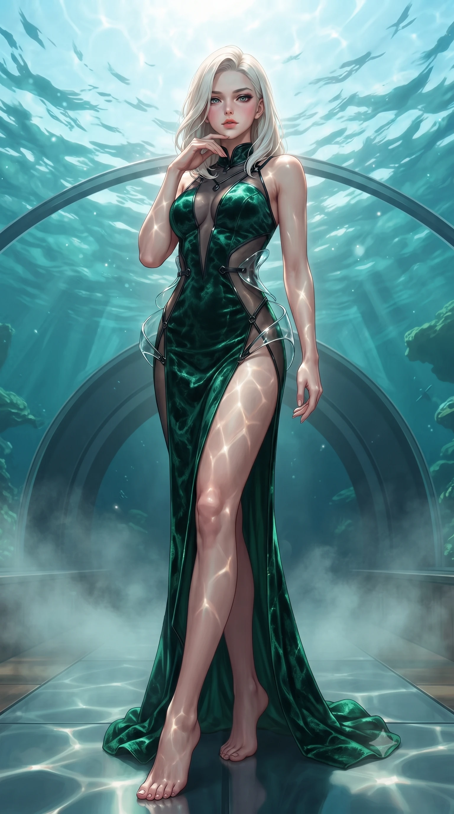 score_9, masterpiece, best quality, ultra-detailed, high-budget anime keyframe, editorial fashion photography, tasteful artistic composition, Caucasian woman. low angle full-body shot from head to toe showing her feet, filling the entire 9:16 vertical frame with her statuesque presence, stretching her vertical silhouette. forging confidently through the floating mist, holding a poised statuesque stance, standing inside an exclusive submerged glass suite under a shallow tropical lagoon, shimmering caustic light ripples dancing dynamically across her body and gown. She has an absolutely perfect, statuesque 8.5-heads proportion, an exceptionally tall and slender model-like female figure with impossibly long slender legs and an ultra-slim waist. sharp v-shaped jawline, high-bridge nose, intricate jewel-like eyes with depth, thick eyelashes, glossy lips with a natural sheen. wearing translucent liquid acrylic splash bodysuit with semi-opaque dark mesh in deep emerald green, made of crushed dark silk velvet, adorned with minimalist black onyx hardware framing the silhouette, contouring every curve with an exceptionally elegant silhouette. surrounded by an ethereal underwater aura with bright pearl rim lights. highly saturated vibrant anime colors, detailed shading with soft gradients, rich glossy textures, high-contrast stereoscopic depth, volumetric dynamic lighting, master piece, 9:16 ratio