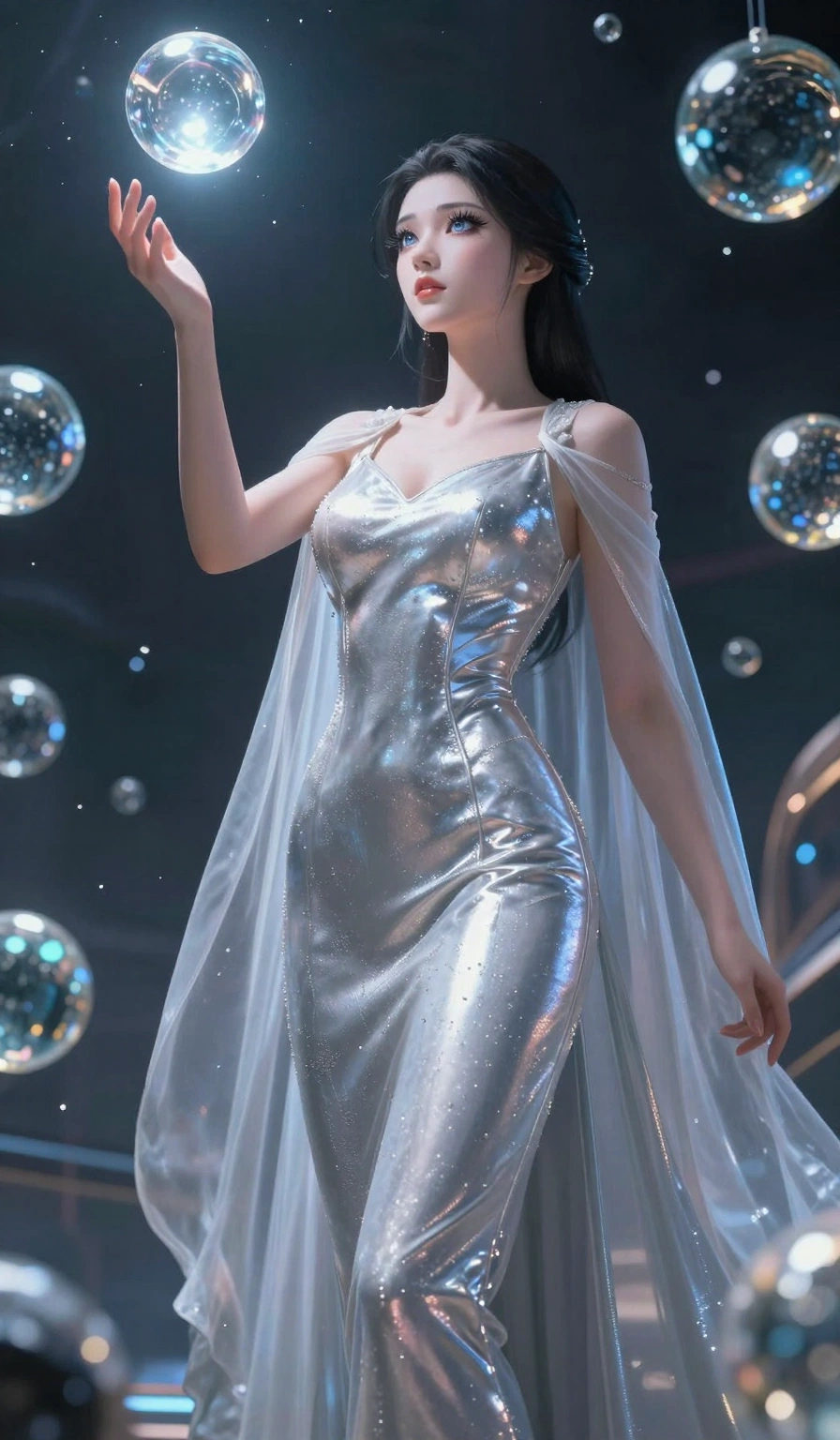 score_9, masterpiece, best quality, ultra-detailed, High-budget Anime Keyframe, East Asian woman. Low angle cowboy shot filling the entire 9:16 frame with her statuesque presence. Scenario 476: reaching out to catch a floating sphere of liquid light in a zero-gravity sanctuary filled with floating water spheres. Her presence is magnetic and overpowering in this high-budget anime scene. Outfit 476: a slim-fit liquid silver shimmering chiffon jumpsuit draped with a semi-transparent chiffon cape. The clothing is designed to emphasize her exceptionally tall and slender 8-heads proportion. 8-heads proportion, towering silhouette, ultra-slim waist. sharp v-shaped jawline, intricate jewel-like eyes with depth, thick eyelashes, glossy lips. 2k, ultra detail, master piece, 9:16 ratio