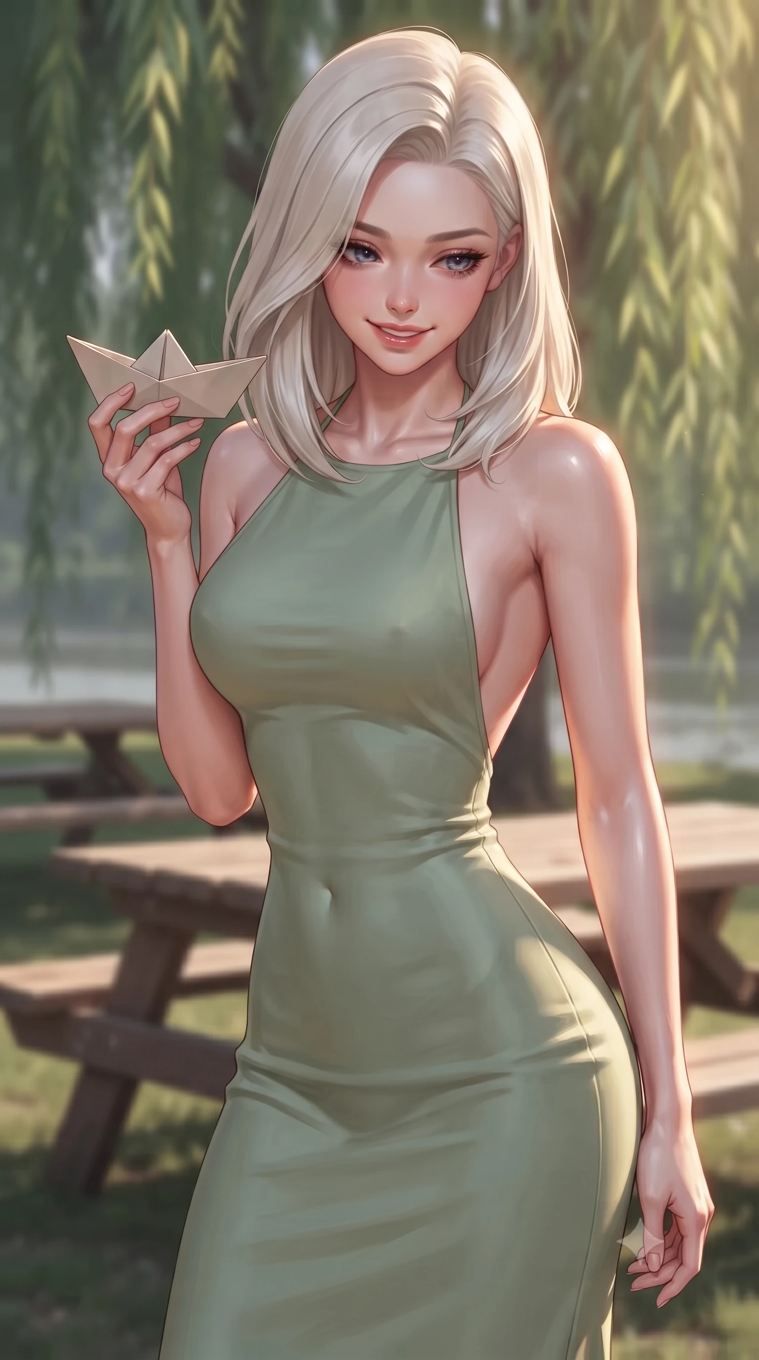 score_9, masterpiece, best quality, ultra-detailed, high-budget anime keyframe, editorial fashion photography, tasteful artistic composition, Caucasian woman. close-up cowboy shot from the waist and thighs up, the character dominates the composition, filling the frame with her large presence, background elements kept in soft focus. flashing a sweet yet sultry smile, holding her hand near her shoulder in a poised gesture set against a soft-focus background of at a riverside picnic area with wooden tables under weeping willow trees holding a small paper boat with a delighted smile, ready to float it. She has an exceptionally elegant, slender, and willowy female figure with an ultra-slim waist, a gracefully sculpted slender torso, and a refined silhouette. sharp v-shaped jawline, high-bridge nose, intricate jewel-like eyes with depth, thick eyelashes, glossy lips with a natural sheen. wearing form-contouring backless linen halter dress in sage green, showing her elegant shoulder lines. volumetric sunset rays casting long warm highlights on her active form. ultra-reflective glossy finish, specular highlights, metallic sheen, high-contrast stereoscopic depth, volumetric dynamic lighting, 2k, ultra detail, master piece, 9:16 ratio
