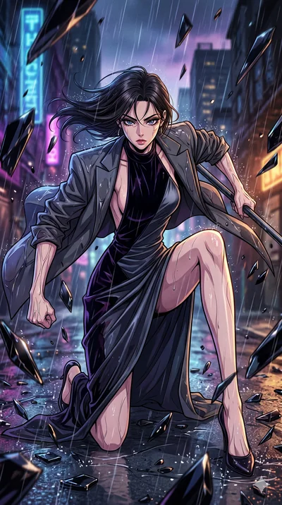 score_9, masterpiece, best quality, ultra-detailed, high-budget anime movie keyframe, cinematic anime lighting, intricate line art, Korean anime girl. Dynamic full-body shot stretching the vertical silhouette with extreme perspective. kneeling in a r