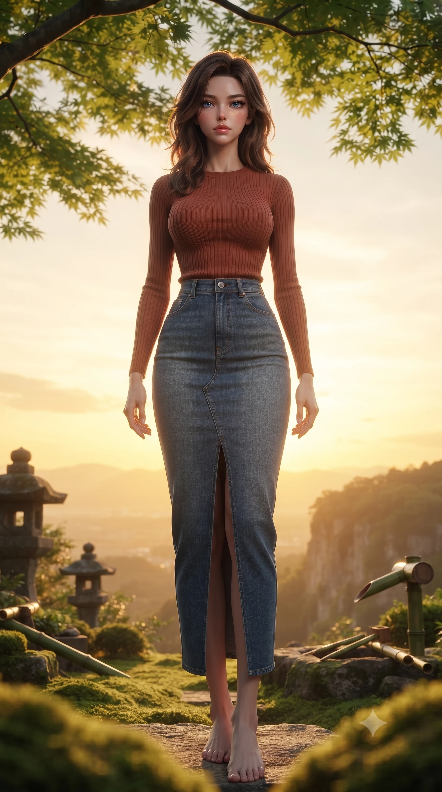 score_9, masterpiece, best quality, ultra-detailed, high-budget anime keyframe, editorial fashion photography, tasteful artistic composition, Korean woman woman. low angle full-body shot from head to toe showing her feet, filling the entire 9:16 vertical frame with her statuesque presence, stretching her vertical silhouette. standing proud on a scenic cliff overlooking the valley, her silhouette framed by the golden sky the background shows a soft-focus a green moss garden of a traditional Zen temple, with stone lanterns and bamboo water pipes. She has an absolutely perfect, statuesque 8.5-heads proportion, an exceptionally tall and slender model-like female figure with impossibly long slender legs and an ultra-slim waist. sharp v-shaped jawline, high-bridge nose, intricate jewel-like eyes with depth, thick eyelashes, glossy lips with a natural sheen. wearing a body-hugging form-contouring ribbed knit top in terracotta, paired with a tight-fitting denim maxi skirt. soft, diffused green light filtering through the maple tree canopy. ultra-reflective glossy finish, specular highlights, metallic sheen, high-contrast stereoscopic depth, volumetric dynamic lighting, 2k, ultra detail, master piece, 9:16 ratio