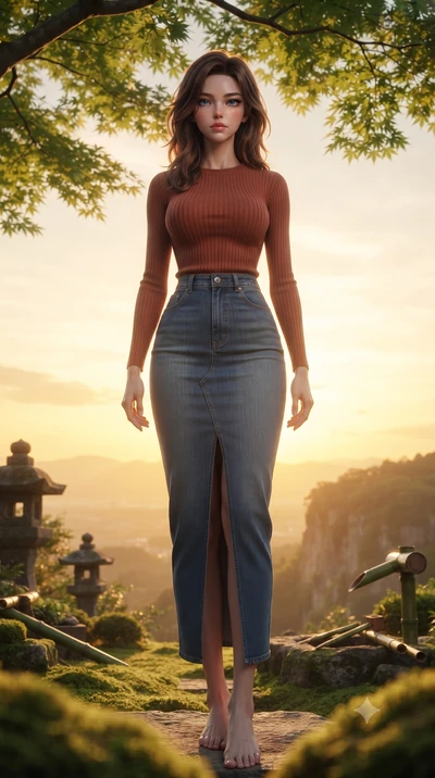 score_9, masterpiece, best quality, ultra-detailed, high-budget anime keyframe, editorial fashion photography, tasteful artistic composition, Korean woman woman. low angle full-body shot from head to toe showing her feet, filling the entire 9:16 vert