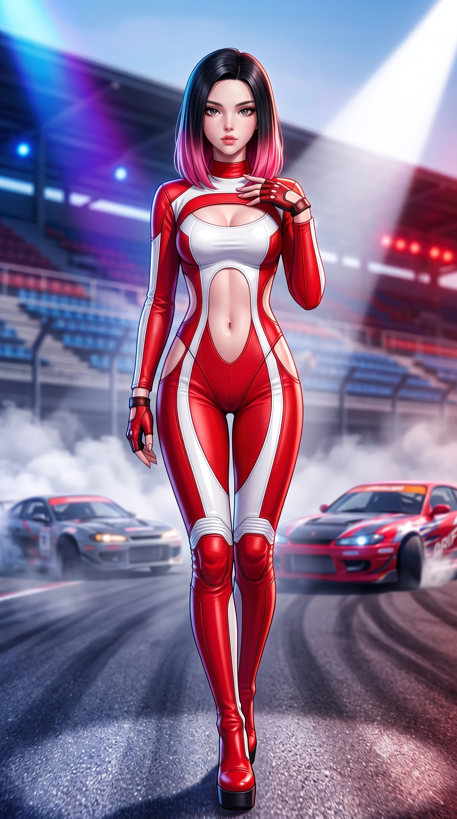 score_9, masterpiece, best quality, ultra-detailed, high-budget anime keyframe, semi-realistic 3D game render, editorial fashion photography, tasteful artistic composition, Korean woman. close-up cowboy shot from the waist and thighs up, the character dominates the composition, filling the frame with her large presence. resting one manicured hand delicately on her bare collarbone, her upper body twisting in a fluid, voluptuous yet slender curve while stepping forward with proud runway strides amidst rising tire smoke, her statuesque vertical presence commanding the frame. The composition keeps background elements in soft focus with creamy bokeh. roaring drift cars and grandstand bleachers softened in dynamic shallow depth of field. She has an exceptionally elegant, slender, and willowy female figure with an ultra-slim waist, a gracefully sculpted slender torso, toned flat midriff, and a refined slim silhouette. sharp v-shaped jawline, high-bridge nose, intricate jewel-like eyes with depth, thick eyelashes, glossy parted lips with a natural sheen, intensely captivating and seductive expression, flawlessly proportioned anatomical accuracy, strict slender model proportions, natural body alignment, perfectly sculpted long slender limbs, ultra-slim waistline, clean dynamic posture without body distortion. wearing a second-skin motocore bodysuit with bold racing stripes and ergonomic aerodynamic knee-high boots in bright racing scarlet red and glossy white, crafted from flexible ballistic matte leather and aerodynamic stretch neoprene, accessorized with bold platform racing boots and fingerless leather gloves, the precision-cut daring openings accentuating her delicate midriff, graceful bare collarbones, and ultra-slim feminine waistline. bathed in dynamic color-shifting LED race lights and sweeping white spotlight fill. highly saturated vibrant anime colors, detailed shading with soft gradients, rich glossy textures, high-contrast stereoscopic depth, volumetric dynamic lighting, master piece, 9:16 ratio