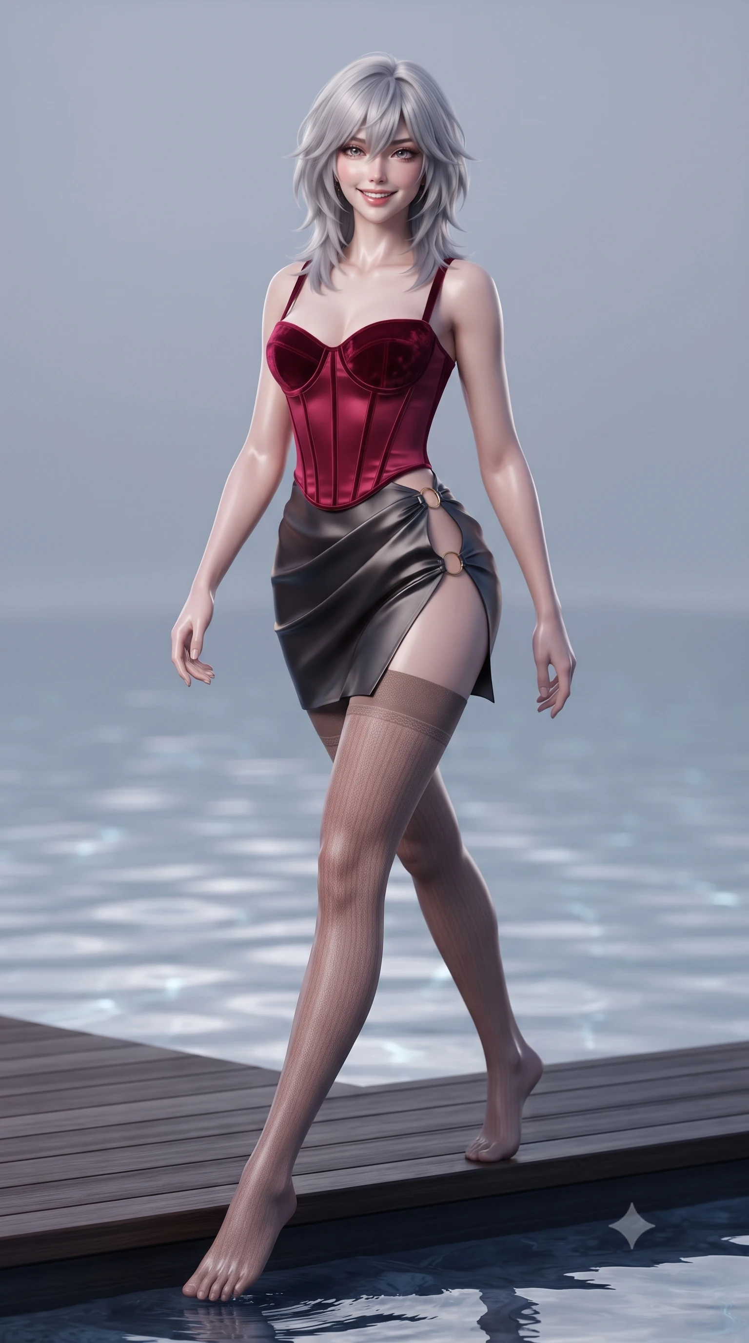 score_9, masterpiece, best quality, ultra-detailed, high-budget anime keyframe, editorial fashion photography, tasteful artistic composition, Japanese woman. low angle full-body shot from head to toe showing her feet, filling the entire 9:16 vertical frame with her statuesque presence, stretching her vertical silhouette. stepping forward in a confident stride, her long slender legs and curvaceous hips creating a dynamic, sweeping vertical line while sitting perched on the wooden pool deck with legs dipped in water, flashing a radiant, alluring smile toward the lens. The background shows a soft-focus subtle water surface ripples softened in tranquil celestial sanctuary shallow focus. She has an exceptionally tall and slender model-like 8.5-heads proportion, an ultra-slim waist, a flat toned midriff, narrow delicate ribcage, and beautifully sculpted feminine hips creating a graceful, slim hourglass silhouette without any bulky heaviness, with impossibly long slender legs. sharp v-shaped jawline, high-bridge nose, intricate jewel-like sparkling eyes with depth, thick eyelashes, glossy parted lips with a natural peach sheen, bright cheerful beaming smile with an enchanting and coquettish sensual glint, exuding both youthful cute charm and seductive allure, flawlessly proportioned anatomical accuracy, strict slender model proportions, natural body alignment, perfectly sculpted long slender limbs, ultra-slim waistline, clean dynamic posture without body distortion. wearing a structured boned satin corset bodice with crushed velvet piping paired with a draped tulip mini skirt and sheer thigh-highs in rich ruby crimson and dark brushed titanium, crafted from fluid liquid silk satin that clings smoothly to her narrow waist and rounded hips with a dewy sheen, finished with fine gold ring clasps securing the daring side openings along her hip line, the second-skin tailored fabric adhering flawlessly to her sculpted flat midriff and slender torso, emphasizing her long leg lines and perfectly proportioned willowy build. illuminated by pool caustics bounce and crisp silver-gold rim lights defining her razor-sharp jawline, narrow waist, and curvy hips. ultra-reflective glossy finish, specular highlights, rich textural contrasts, high-contrast stereoscopic depth, volumetric dynamic lighting, 2k, ultra detail, master piece, 9:16 ratio
