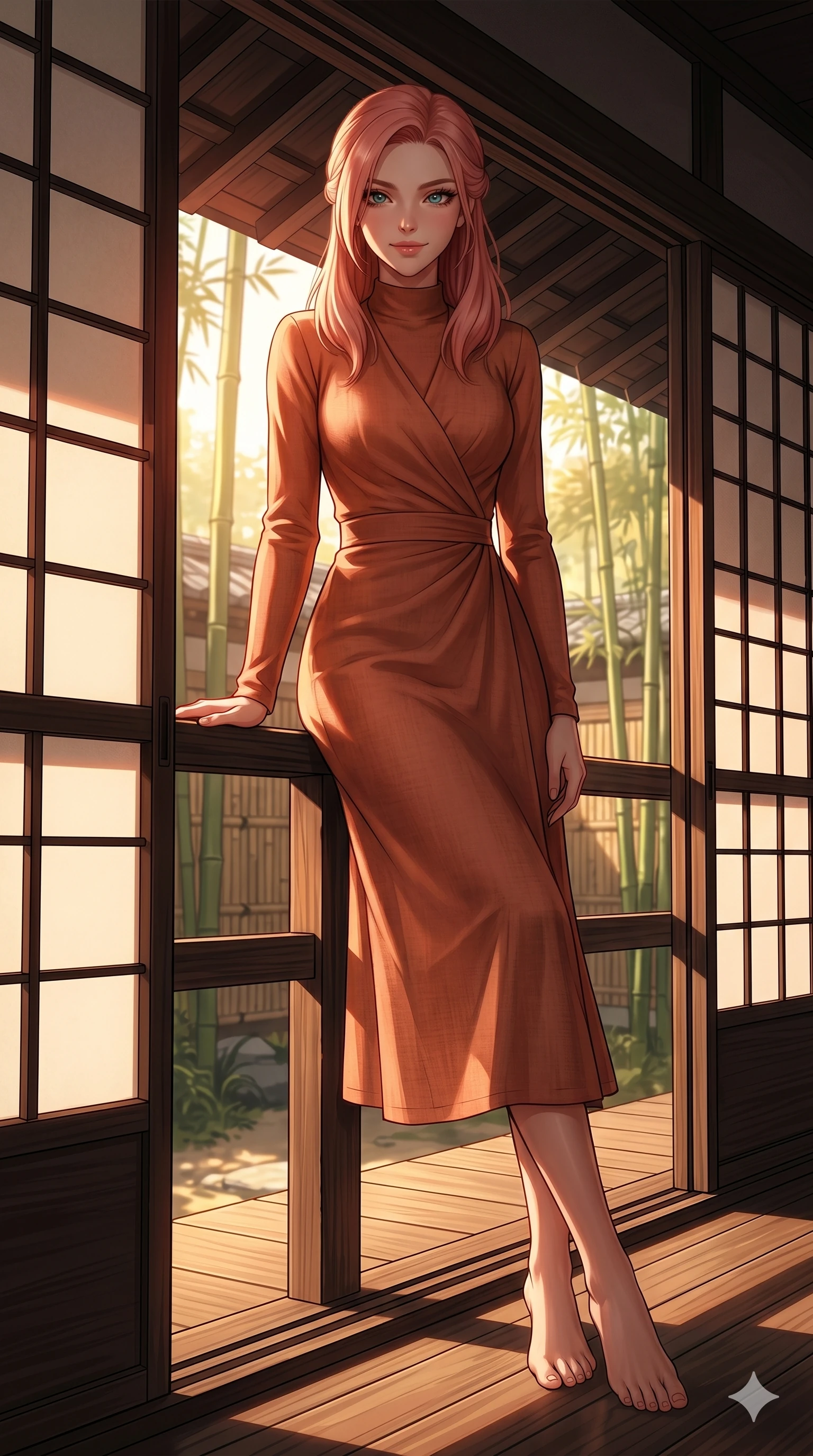score_9, masterpiece, best quality, ultra-detailed, high-budget anime keyframe, editorial fashion photography, tasteful artistic composition, Japanese woman. low angle full-body shot from head to toe showing her feet, filling the entire 9:16 vertical frame with her statuesque presence, stretching her vertical silhouette. leaning against the wooden deck railing, looking at the viewer with a soft, inviting smile in a traditional shoji room overlooking a sun-drenched bamboo courtyard (Code-P19-042). She has an absolutely perfect 8-heads proportion, an exceptionally tall and slender female figure with impossibly long slender legs and an ultra-slim waist. V-shaped jawline, high-bridge nose, intricate jewel-like eyes with depth, thick eyelashes, glossy lips with a natural sheen. wearing a long-sleeved high-neck wrap dress in a sun-kissed terracotta linen. dramatic chiaroscuro lighting from the setting red sun, accentuating her statuesque silhouette. 2k, ultra detail, master piece, 9:16 ratio