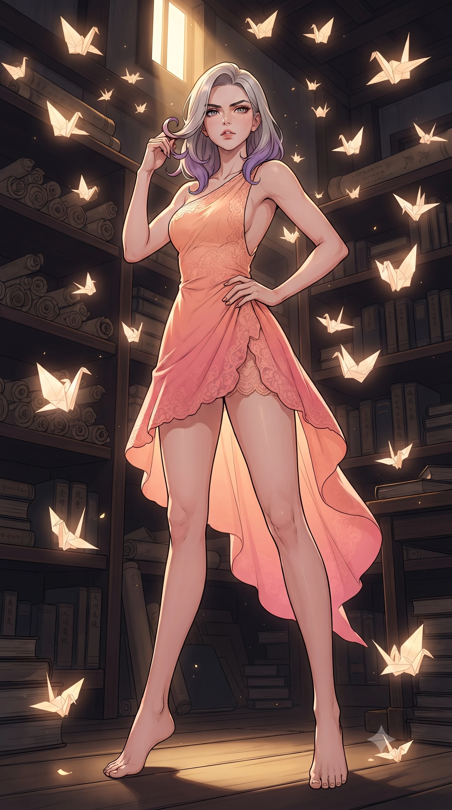 score_9, masterpiece, best quality, ultra-detailed, high-budget anime keyframe, gorgeous anime illustration, with clean line-art and distinct ink outlines, Caucasian woman, strictly human ears. low angle full-body shot from head to toe showing her feet, filling the entire 9:16 vertical frame with her statuesque presence, stretching her vertical silhouette. striking a commanding pose within in a traditional wooden library filled with old scrolls and books, where hundreds of origami paper cranes made of light float and flutter in the air like magical butterflies. She has a statuesque 8.5-heads proportion, an exceptionally tall, slender and willowy model-like build with impossibly long legs and a highly sculpted ultra-slim waist. sharp v-shaped jawline, high-bridge nose, intricate jewel-like eyes with depth, thick eyelashes, glossy lips with a natural sheen. wearing an asymmetric one-shoulder mini dress in a peach-to-pink gradient with a scooped open back. dramatic chiaroscuro with a single golden key light sculpting her silhouette. 2k, ultra detail, master piece, 9:16 ratio, vibrant anime color palette, detailed cel-shading with soft gradients, rich contrast, dynamic lighting, 2d animation style