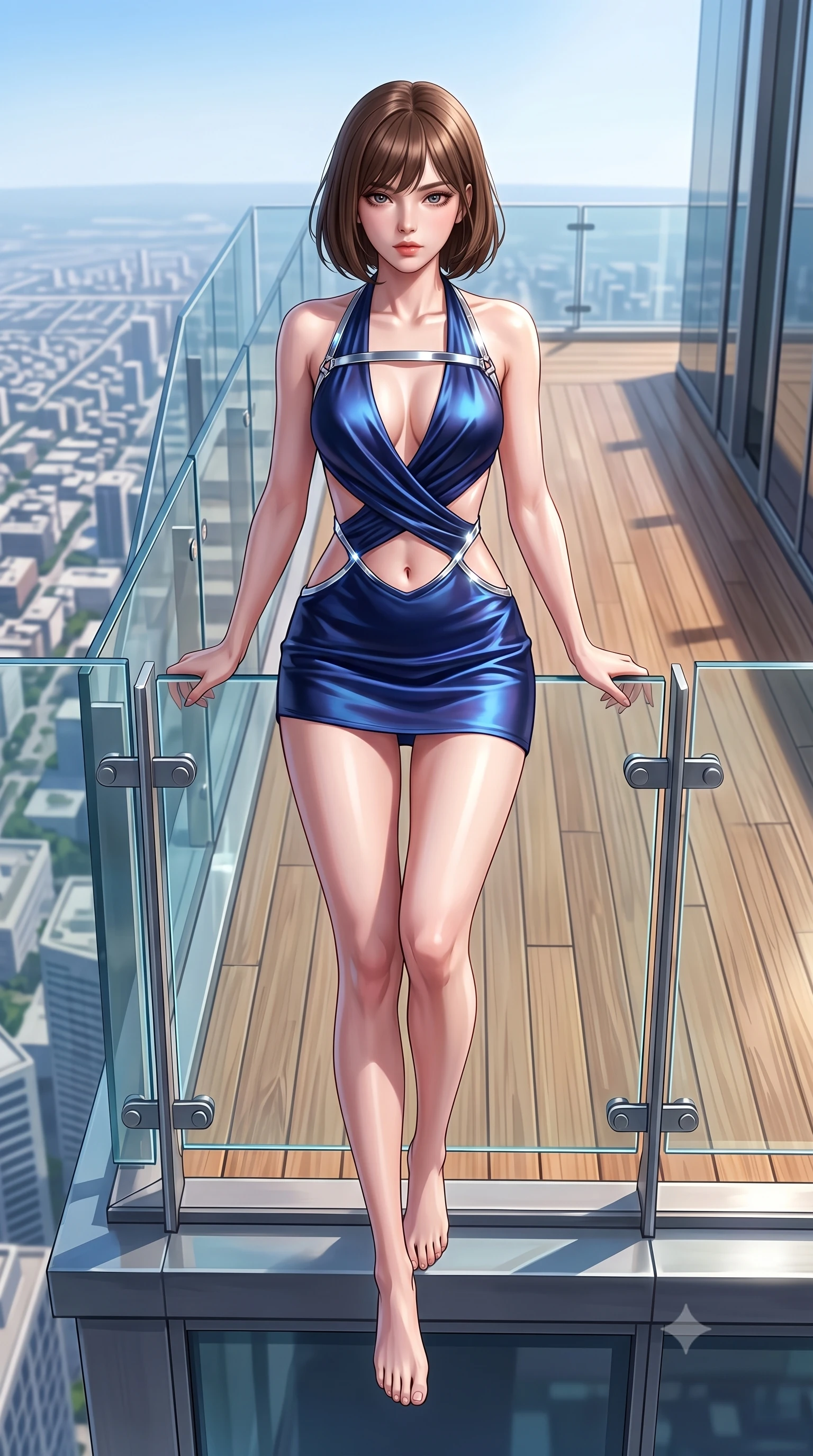 score_9, masterpiece, best quality, ultra-detailed, high-budget anime keyframe, semi-realistic 3D game render, editorial fashion photography, tasteful artistic composition, Korean woman. low angle full-body shot from head to toe showing her feet, filling the entire 9:16 vertical frame with her statuesque presence, stretching her vertical silhouette. performing an alluring mid-air vault with flawless poise, looking directly into the camera with smoldering intensity while stretching forward with an alluring S-curve silhouette on a polished wooden sky-deck in full daylight. The surrounding environment is rendered in vivid detail and crisp panoramic clarity. sharp glass deck railings, wooden deck textures, and distant city grid patterns in high clarity. She has an absolutely perfect, statuesque 8.5-heads proportion, an exceptionally tall and slender model-like female figure with impossibly long slender legs, a toned flat midriff, and an ultra-slim waist. sharp v-shaped jawline, high-bridge nose, intricate jewel-like eyes with depth, thick eyelashes, glossy lips with a natural sheen, flawlessly proportioned anatomical accuracy, strict slender model proportions, natural body alignment, perfectly sculpted long slender limbs, ultra-slim waistline, clean dynamic posture without body distortion. wearing a form-contouring liquid satin halter-neck mini dress with a deep crossover cowl front, open back, and ultra-slender waist drape in deep royal navy blue and specular chrome, made of smooth iridescent silk chiffon that shifts colors with movement, reinforced by a sleek metallic chrome harness and delicate glowing micro-straps, the precision-cut daring openings accentuating her delicate midriff, graceful bare collarbones, and ultra-slim feminine waistline. illuminated by crisp specular highlights tracing her sculpted collarbones and waistline. highly saturated vibrant anime colors, detailed shading with soft gradients, rich glossy textures, high-contrast stereoscopic depth, volumetric dynamic lighting, master piece, 9:16 ratio