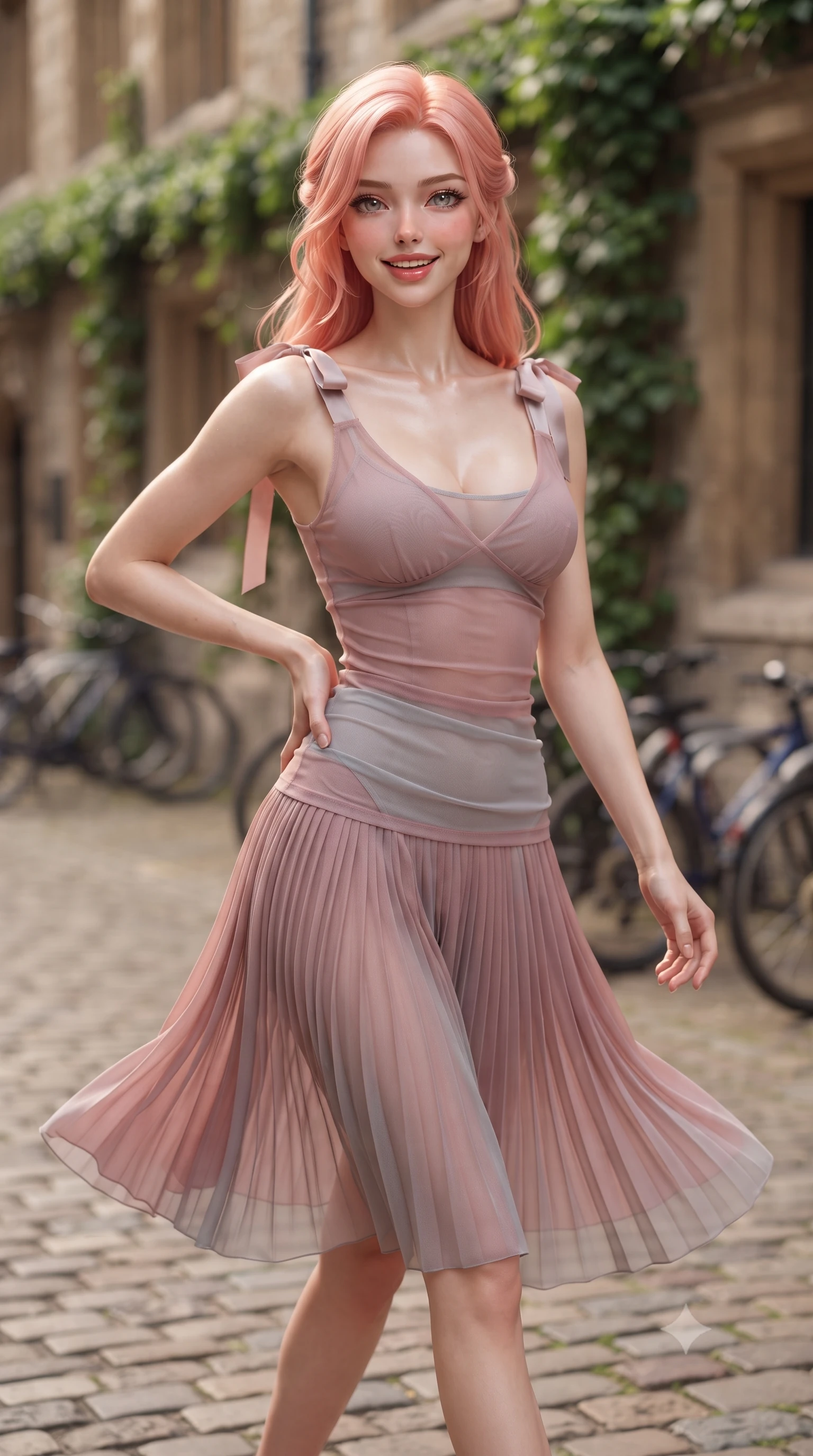 score_9, masterpiece, best quality, ultra-detailed, high-budget anime keyframe, editorial fashion photography, tasteful artistic composition, Japanese woman. close-up cowboy shot from the waist and thighs up, the character dominates the composition, filling the frame with her large presence. twisting her slender torso in an alluring contrapposto stance, one hand resting on her sculpted hip while flashing a radiant, playful smile with parted glossy lips while walking across the ancient Radcliffe square cobblestones, twisting her slender torso in an alluring S-curve as her pleated skirt sways around her long slender legs. The composition keeps background elements in soft focus with dreamy creamy bokeh. fluttering ivy vines and collegiate bicycle racks softened in romantic British campus shallow focus. She has an exceptionally elegant, slender, and willowy female figure with an ultra-slim waist, flat toned midriff, narrow ribcage, and sculpted feminine hips creating an alluring, slim hourglass silhouette without bulk. sharp v-shaped jawline, high-bridge nose, intricate jewel-like sparkling eyes with depth, thick eyelashes, glossy parted lips with a natural peach sheen, bright cheerful beaming smile with an enchanting and coquettish sensual glint, exuding both youthful cute charm and seductive allure, flawlessly proportioned anatomical accuracy, strict slender model proportions, natural body alignment, perfectly sculpted long slender limbs, ultra-slim waistline, clean dynamic posture without body distortion. wearing a delicate semi-sheer chiffon sun-slip dress layered over a matching pastel bralette, hugging her slender waist and hips in dusty rose and soft dove grey, crafted from liquid-tight stretch jersey emphasizing every curve, finished with cute satin bow ribbons tying at the shoulders, the form-fitting cut adhering flawlessly to her sculpted flat midriff and slender torso, emphasizing her long leg lines and perfectly proportioned willowy build. illuminated by warm stone facade bounce light contouring her sculpted collarbones, ultra-slim waist, and curvy hips. ultra-reflective glossy finish, specular highlights, rich textural contrasts, high-contrast stereoscopic depth, volumetric dynamic lighting, 2k, ultra detail, master piece, 9:16 ratio
