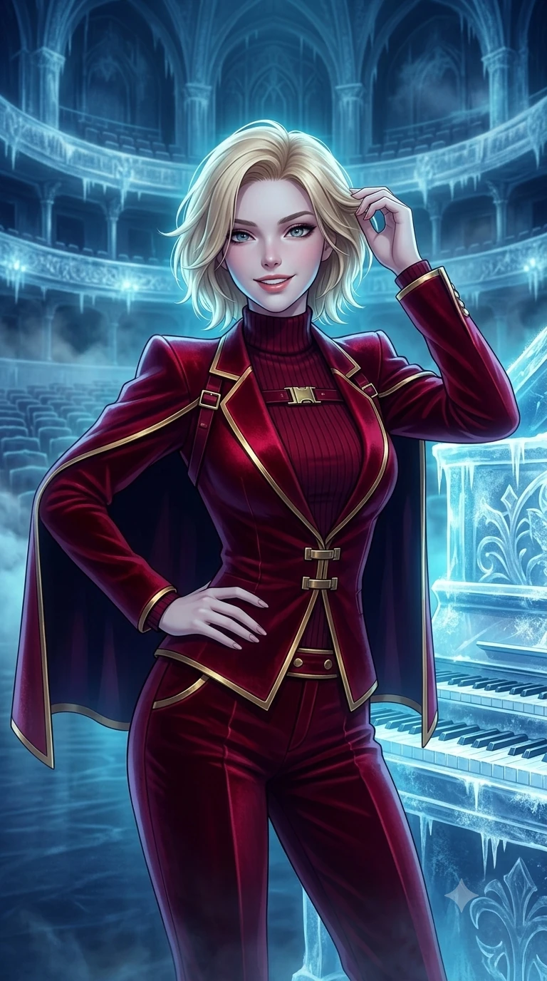 score_9, masterpiece, best quality, ultra-detailed, high-budget anime keyframe, semi-realistic 3D game render, editorial fashion photography, tasteful artistic composition, Caucasian woman. close-up cowboy shot from the waist and thighs up, the character dominates the composition, filling the frame with her large presence. twisting her slender torso in an alluring contrapposto stance, one hand resting on her sculpted hip while her fingers toy with her hair with effortless poise while leaning against the crystalline ice organ console with hips cocked back, gazing out across the frost-dusted auditorium with smoldering bedroom-eyes. The background shows a soft-focus frosty aria breath mist softened in glacial opera house cathedral shallow focus. She has an exceptionally elegant, slender, and willowy female figure with an ultra-slim waist, flat toned midriff, narrow ribcage, and sculpted feminine hips creating an alluring, slim hourglass silhouette without bulk. sharp v-shaped jawline, high-bridge nose, intricate jewel-like sparkling eyes with depth, thick eyelashes, glossy parted lips with a natural peach sheen, bright cheerful beaming smile with an enchanting and coquettish sensual glint, exuding both youthful cute charm and seductive allure, flawlessly proportioned anatomical accuracy, strict slender model proportions, natural body alignment, perfectly sculpted long slender limbs, ultra-slim waistline, clean dynamic posture without body distortion. wearing a tailored cyber-haute couture cape blazer layered over a high-neck ribbed knit top and tailored trousers in royal opera crimson velvet and burnished gold, crafted from bespoke double-faced cashmere with an exceptionally soft tactile finish, finished with sleek magnetic buckle closures fluttering in the breeze, the impeccably tailored cut draping gracefully along her slender figure with aristocratic poise. bathed in high-contrast cyan neon aria pulses contrasted with deep velvety indigo stage shadows. highly saturated vibrant anime colors, detailed shading with soft gradients, rich glossy textures, high-contrast stereoscopic depth, volumetric dynamic lighting, master piece, 9:16 ratio