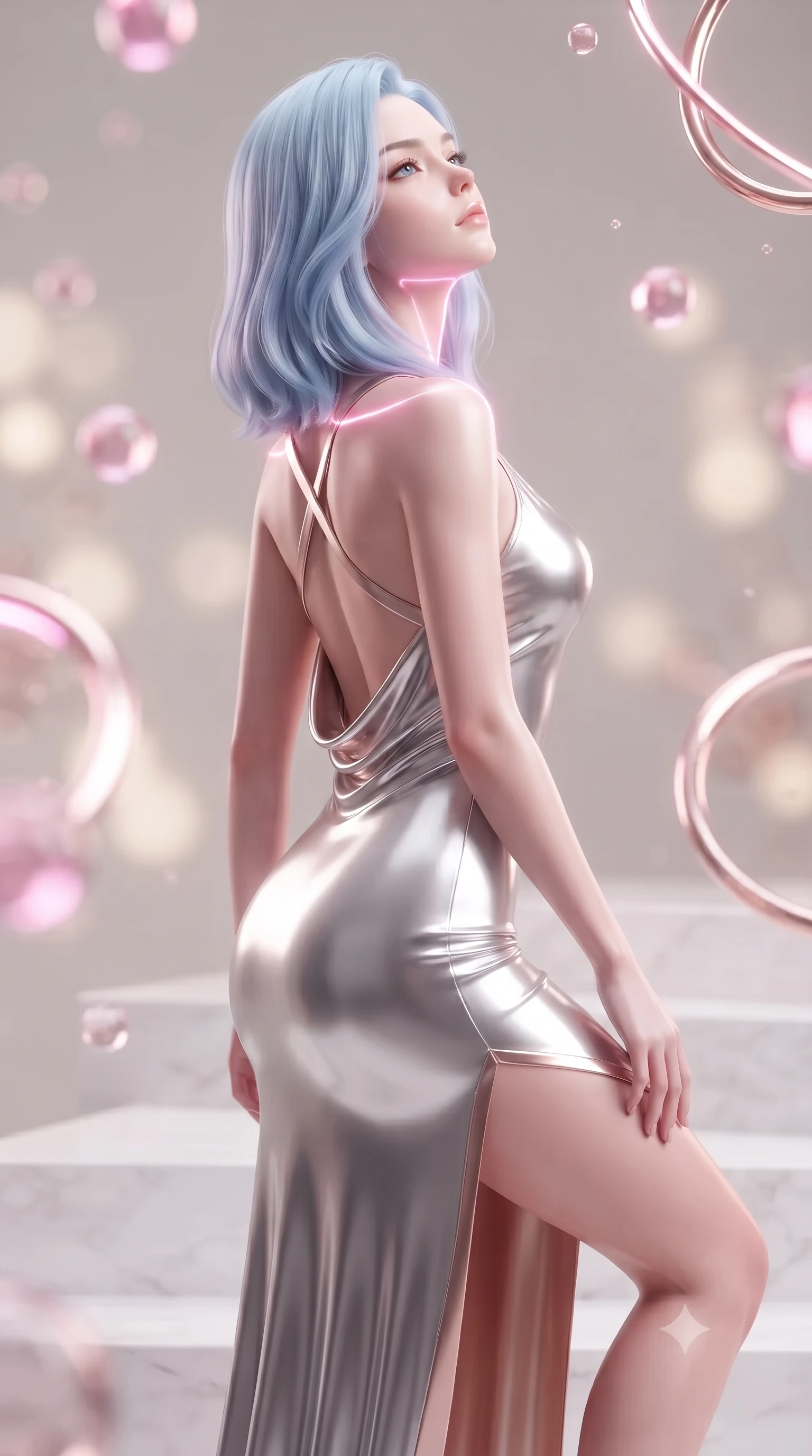 score_9, masterpiece, best quality, ultra-detailed, high-budget anime keyframe, editorial fashion photography, tasteful artistic composition, Korean woman. close-up cowboy shot from the waist and thighs up, the character dominates the composition, filling the frame with her large presence. tilting her head back with serene regal elegance, her sharp jawline and sculpted collarbones highlighted by glowing neon halo reflections while ascending a white quartz platform as nano-fluid droplets glisten like liquid rose gold along her sculpted contour. The composition keeps background elements in soft focus with creamy bokeh. glowing pink nanotech fluid and rotating rose-gold halo rings blurred into soft, creamy pastel and champagne bokeh. She has an exceptionally elegant, slender, and willowy female figure with an ultra-slim waist, a gracefully sculpted slender torso, toned flat midriff, and a refined slim silhouette. sharp v-shaped jawline, high-bridge nose, intricate jewel-like eyes with depth, thick eyelashes, glossy lips with a natural sheen, flawlessly proportioned anatomical accuracy, strict slender model proportions, natural body alignment, perfectly sculpted long slender limbs, ultra-slim waistline, clean dynamic posture without body distortion. wearing a precision-fitted liquid jersey bodycon gown in radiant chrome and white, featuring an open cowl back and high side slit in sculpted rose gold and luminescent champagne ivory, made of liquid jersey fabric that clings flawlessly to every contour of her build, complemented by criss-cross back straps highlighting her completely bare spine, the sleek second-skin cut tightly hugging her graceful clavicle, narrow waist, and feminine curves with athletic precision. illuminated by sparkling fluid droplet refractions and crisp specular highlights tracing her slender curves. ultra-reflective glossy finish, specular highlights, dark metallic sheen, high-contrast stereoscopic depth, volumetric dynamic lighting, 2k, ultra detail, master piece, 9:16 ratio