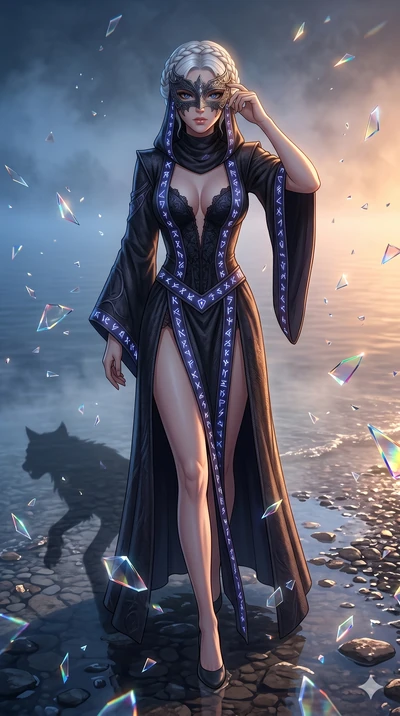 score_9, masterpiece, best quality, ultra-detailed, Set A: High-budget Anime Keyframe, Caucasian (strictly human ears) woman. Low angle cowboy shot filling the entire 9:16 frame with her statuesque presence. Adjusting a mask through a misty lakeside 