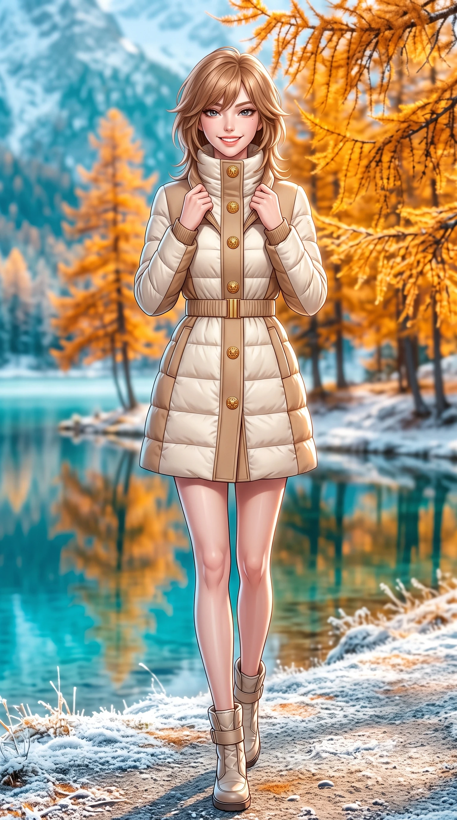 score_9, masterpiece, best quality, ultra-detailed, high-budget anime keyframe, semi-realistic 3D game render, editorial fashion photography, tasteful artistic composition, Korean woman. low angle full-body shot from head to toe showing her feet, filling the entire 9:16 vertical frame with her statuesque presence, stretching her vertical silhouette. pausing along the promenade and turning back toward the camera with an infectious, delightful smile and perfect posture while pausing beneath a stand of brilliant golden larch trees reflecting in the turquoise water, holding her coat lapels with refined elegance. The background shows a soft-focus mirror-like turquoise lake reflecting snow peaks, blazing golden needle larch trees, and early morning shoreline frost blurred into turquoise, marigold, and frost white bokeh. She has an exceptionally tall and slender model-like 8.5-heads proportion, an ultra-slim waist, a flat toned midriff, narrow delicate ribcage, and beautifully sculpted feminine hips creating a graceful, slim hourglass silhouette without any bulky heaviness, with impossibly long slender legs. sharp v-shaped jawline, high-bridge nose, intricate jewel-like sparkling eyes with depth, thick eyelashes, glossy parted lips with a natural peach sheen, bright cheerful beaming smile with an enchanting and coquettish sensual glint, exuding both youthful cute charm and seductive allure, flawlessly proportioned anatomical accuracy, strict slender model proportions, natural body alignment, perfectly sculpted long slender limbs, ultra-slim waistline, clean dynamic posture without body distortion. wearing a tailored quilted down coat with a cinched elastic belt and high funnel neck over thermal knit layers in soft champagne ivory and warm biscuit beige, tailored from fine wool gabardine with crisp permanent pleats and sharp drape, accented with an ornate 24k gold lion-embossed crest button along the front closure, the precision-cut high-waisted tailoring accentuating her ultra-slim waist and long slender leg line with immaculate aristocratic poise. illuminated by frosted ground bounce and sharp crystalline rim lights defining her features, narrow waist, and statuesque height. highly saturated vibrant anime colors, detailed shading with soft gradients, rich glossy textures, high-contrast stereoscopic depth, volumetric dynamic lighting, master piece, 9:16 ratio
