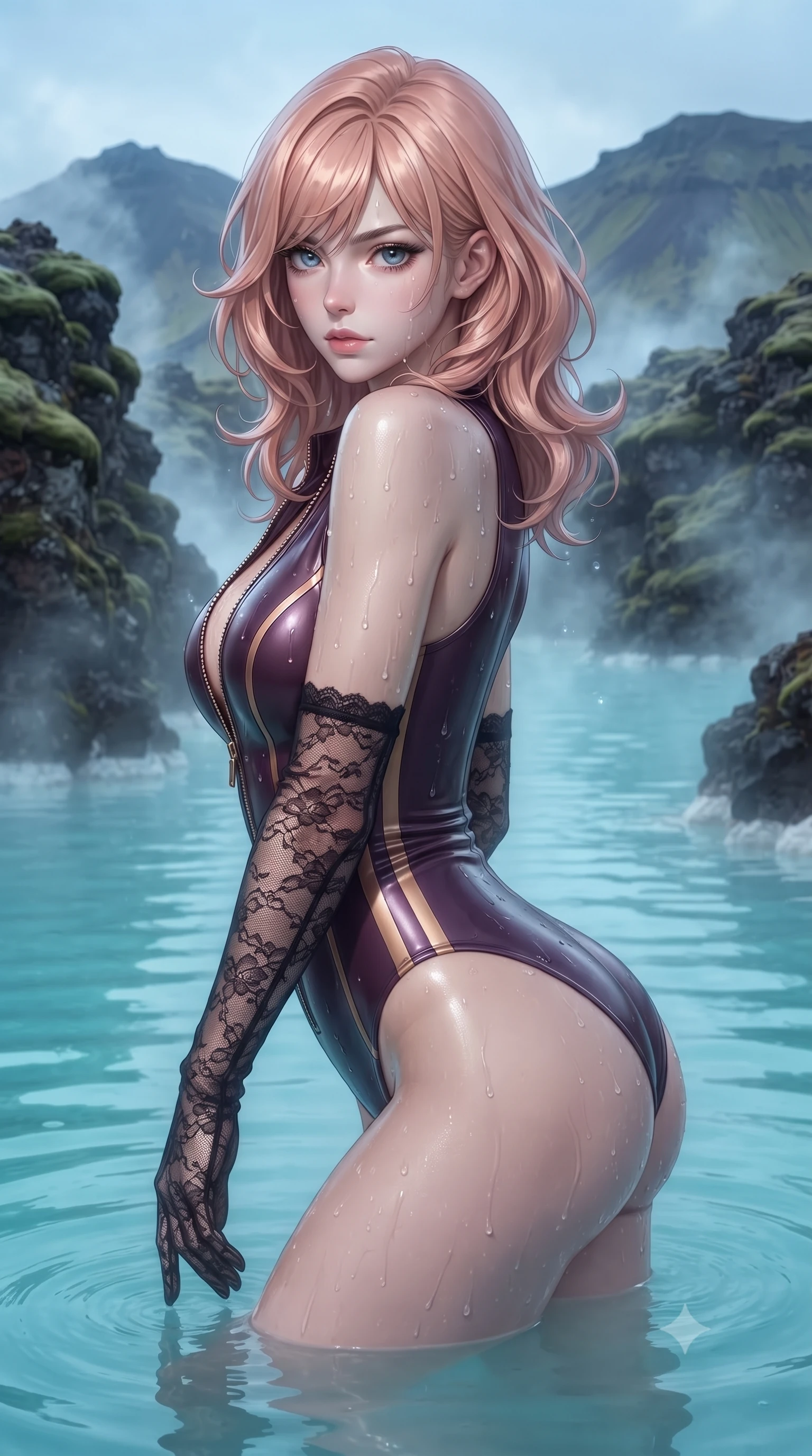score_9, masterpiece, best quality, ultra-detailed, high-budget anime keyframe, editorial fashion photography, tasteful artistic composition, Japanese woman. close-up cowboy shot from the waist and thighs up, the character dominates the composition, filling the frame with her large presence. leaning forward while arching her lower back to accentuate her curvy hips, looking into the camera with an intoxicating smoldering gaze and bedroom-eyes while standing in the steaming turquoise geothermal water with hips cocked back, looking over a bare shoulder through curls of mineral steam. The surrounding environment is rendered in vivid detail and crisp panoramic clarity: detailed semi-sheer mesh monokini weave, dewy moisture beads on skin, and raw Icelandic nature in high resolution. She has an exceptionally elegant, slender, and willowy female figure with an ultra-slim waist, flat toned midriff, narrow ribcage, and sculpted feminine hips creating an alluring, slim hourglass silhouette without bulk. sharp v-shaped jawline, high-bridge nose, sparkling eyes with hypnotic seductive depth, thick curled eyelashes, glossy parted lips with a natural dewy peach sheen, alluring bedroom-eyes with an enchanting coquettish smile, exuding magnetic siren charisma and sophisticated glamour, flawlessly proportioned anatomical accuracy, strict slender model proportions, natural body alignment, perfectly sculpted long slender limbs, ultra-slim waistline, clean dynamic posture without body distortion. wearing a form-contouring wet-look neoprene zip-front maillot with high-cut leg openings and racing side stripes in rich dark plum violet and gilded bronze, crafted from fluid liquid silk satin that clings smoothly to every curve with a dewy sheen, complemented by sheer opera-length lace evening gloves tracing her slender arms, the liquid-tight tailored fabric clinging flawlessly to her narrow waist and rounded feminine hips, emphasizing every millimeter of her sculpted slim hourglass curves without any bulky heaviness. illuminated by steam particle light scatter and sharp icy-platinum rim lights defining her razor-sharp jawline, narrow waist, and curvy hips. ultra-reflective glossy finish, specular highlights, rich textural contrasts, high-contrast stereoscopic depth, volumetric dynamic lighting, 2k, ultra detail, master piece, 9:16 ratio