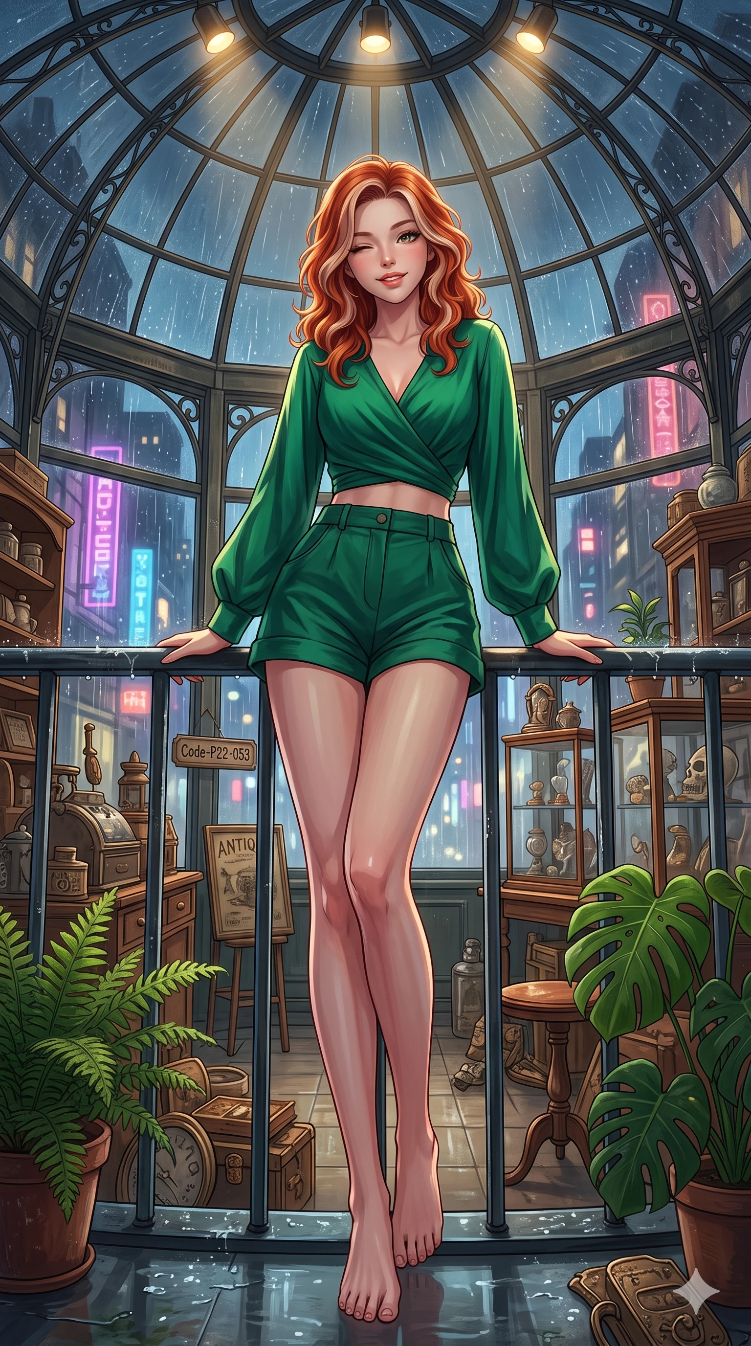 score_9, masterpiece, best quality, ultra-detailed, high-budget anime keyframe, vibrant anime aesthetic, Caucasian woman, strictly human ears. low angle full-body shot from head to toe showing her feet, filling the entire 9:16 vertical frame with her statuesque presence, stretching her vertical silhouette. She is leaning back on a wet, rain-slicked railing, winking and smiling delightfully, with a bright, joyful gaze under the glass conservatory dome. inside an antique shop showroom with large display windows showing rain-streaked neon lights of the city (Code-P22-053). She has an absolutely perfect 8-heads proportion, an exceptionally tall and slender female figure with impossibly long slender legs and an ultra-slim waist. V-shaped jawline, high-bridge nose, intricate jewel-like eyes with depth, thick eyelashes, glossy lips with a natural sheen. wearing a cropped wrap shirt and high-waisted shorts in emerald green. She is illuminated by warm overhead spotlights inside the plant conservatory dome, casting soft shadows that enhance her features in the cozy indoor garden. 2k, ultra detail, master piece, 9:16 ratio