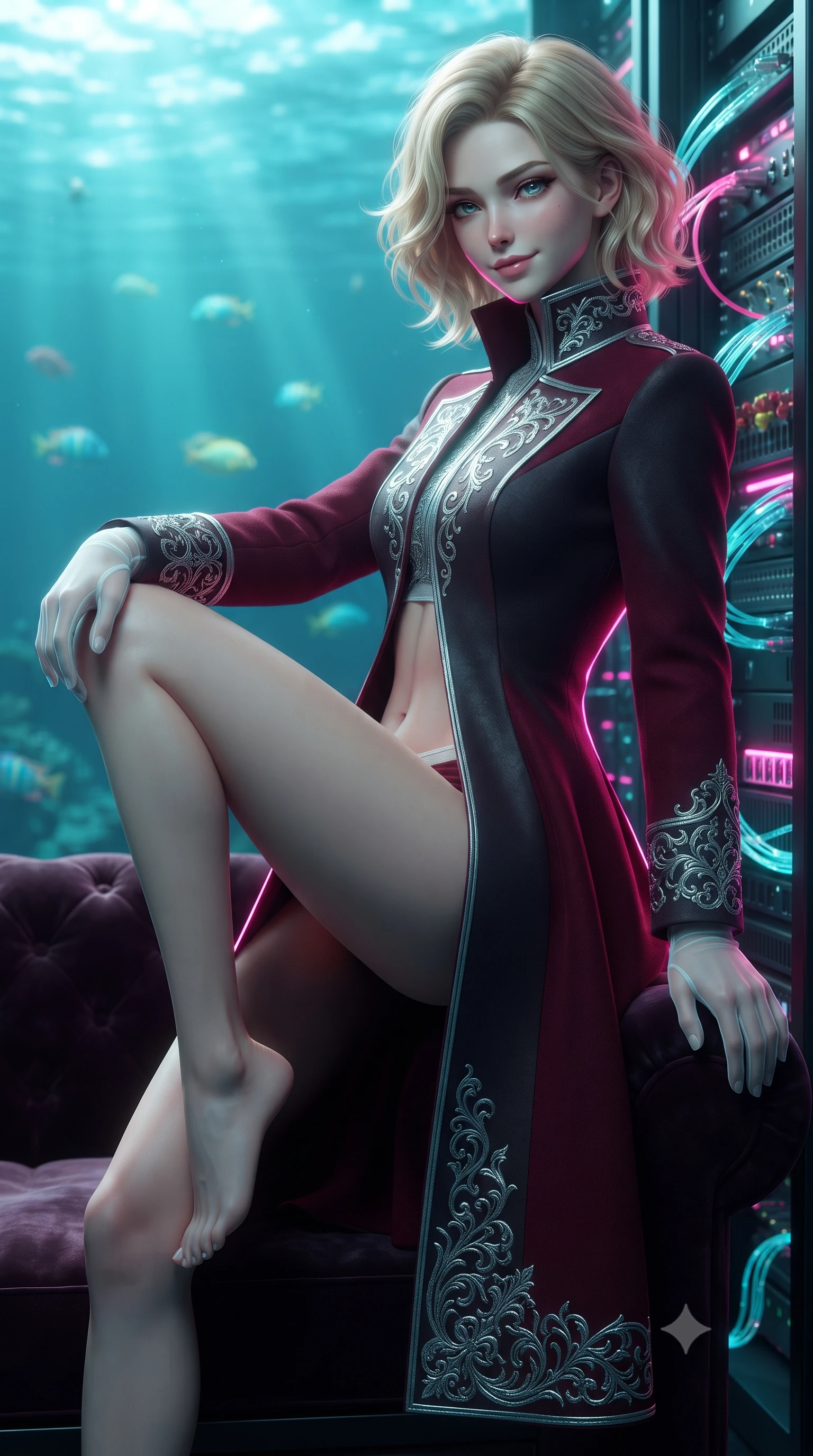 score_9, masterpiece, best quality, ultra-detailed, high-budget anime keyframe, editorial fashion photography, tasteful artistic composition, Caucasian woman. close-up cowboy shot from the waist and thighs up, the character dominates the composition, filling the frame with her large presence. perched sideways on the lounge seat, one knee drawn up to showcase her slender leg line while her arched back accentuates her feminine hip curve while leaning against the coral-encrusted server rack with hips cocked back, watching luminescent neon reef fish dart through fiber-optic cables with smoldering bedroom-eyes. The background shows a soft-focus sunlight caustics filtering through pristine tropical ocean softened in submerged data sanctuary shallow focus. She has an exceptionally elegant, slender, and willowy female figure with an ultra-slim waist, flat toned midriff, narrow ribcage, and sculpted feminine hips creating an alluring, slim hourglass silhouette without bulk. sharp v-shaped jawline, high-bridge nose, intricate jewel-like sparkling eyes with depth, thick eyelashes, glossy parted lips with a natural peach sheen, bright cheerful beaming smile with an enchanting and coquettish sensual glint, exuding both youthful cute charm and seductive allure, flawlessly proportioned anatomical accuracy, strict slender model proportions, natural body alignment, perfectly sculpted long slender limbs, ultra-slim waistline, clean dynamic posture without body distortion. wearing an aristocratic deep-space admiral longcoat with silver filigree embroidery along the hem and high structured collar in deep crimson hazard red and matte dark titanium, crafted from bespoke double-faced cashmere with an exceptionally soft tactile finish, complemented by sheer opera-length evening gloves tracing her slender arms, the bespoke structured tailoring following the natural line of her 8.5-heads silhouette with refined elegance. illuminated by turquoise water reflection bounce and sharp neon-pink rim lights defining her jawline, narrow waist, and curvy hips. ultra-reflective glossy finish, specular highlights, rich textural contrasts, high-contrast stereoscopic depth, volumetric dynamic lighting, 2k, ultra detail, master piece, 9:16 ratio