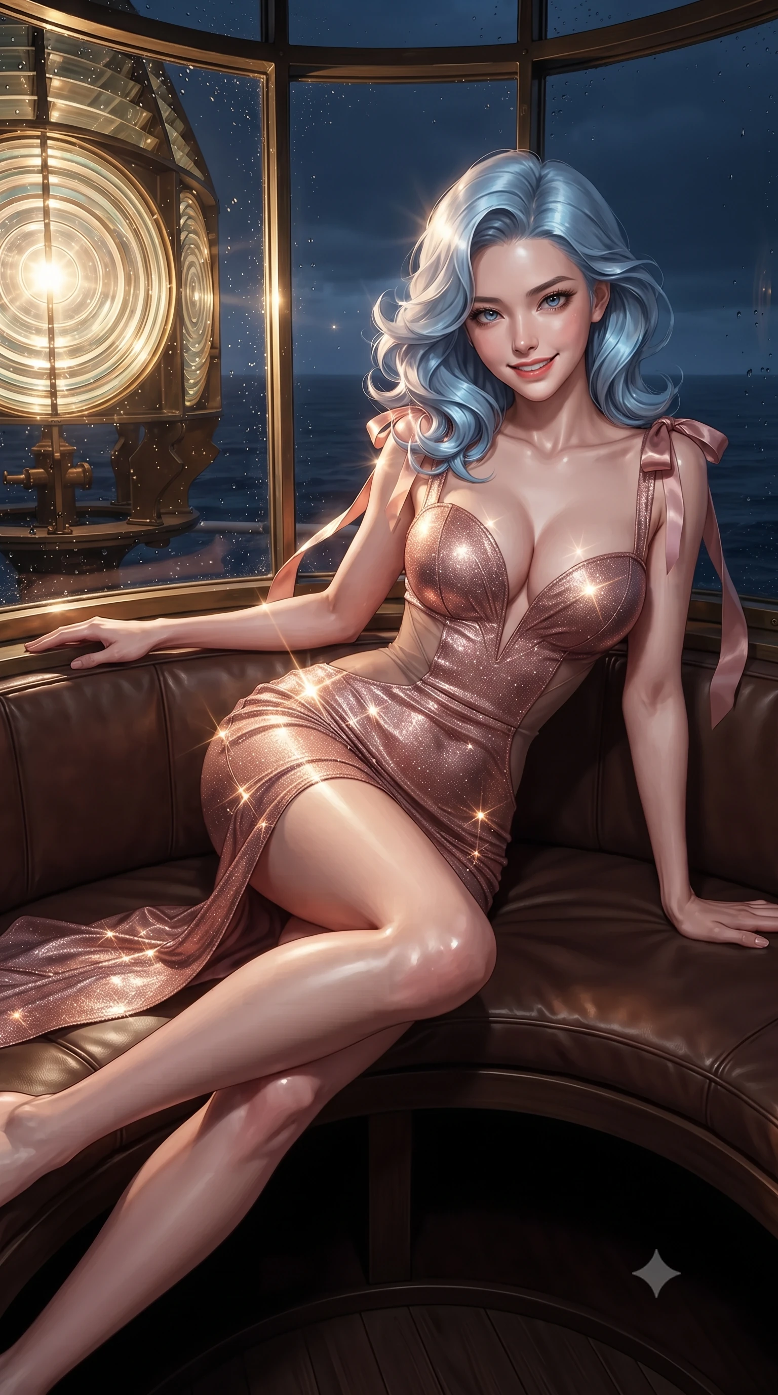 score_9, masterpiece, best quality, ultra-detailed, high-budget anime keyframe, editorial fashion photography, tasteful artistic composition, Korean woman. close-up cowboy shot from the waist and thighs up, the character dominates the composition, filling the frame with her large presence. leaning forward while arching her lower back to accentuate her curvy hips, looking into the camera with an intoxicating smoldering gaze and bedroom-eyes while reclining gracefully on the built-in circular leather banquette propped on one elbow with legs extended, displaying her long slender limbs and statuesque hourglass silhouette. The surrounding environment is rendered in vivid detail and crisp panoramic clarity: sharp brass lens frame hardware, concentric prisms of the antique Fresnel lens, and dark sea spray droplet clarity in deep focus. She has an exceptionally elegant, slender, and willowy female figure with an ultra-slim waist, flat toned midriff, narrow ribcage, and sculpted feminine hips creating an alluring, slim hourglass silhouette without bulk. sharp v-shaped jawline, high-bridge nose, intricate jewel-like sparkling eyes with depth, thick eyelashes, glossy parted lips with a natural peach sheen, bright cheerful beaming smile with an enchanting and coquettish sensual glint, exuding both youthful cute charm and seductive allure, flawlessly proportioned anatomical accuracy, strict slender model proportions, natural body alignment, perfectly sculpted long slender limbs, ultra-slim waistline, clean dynamic posture without body distortion. wearing an alluring plunging sweetheart bustier dress with sheer mesh side-waist cutouts contouring her ribs in rose-quartz blush and burnished copper, woven from stretch metallic lurex jersey casting radiant starlight glints across her curves, finished with satin ribbon ties at the shoulders fluttering in the gentle breeze, the liquid-tight tailored fabric clinging flawlessly to her narrow waist and rounded feminine hips, emphasizing every millimeter of her sculpted slim hourglass curves without any bulky heaviness. bathed in the powerful rotating 3200K golden beam of the lighthouse lens contrasted with deep navy ocean twilight. ultra-reflective glossy finish, specular highlights, rich textural contrasts, high-contrast stereoscopic depth, volumetric dynamic lighting, 2k, ultra detail, master piece, 9:16 ratio