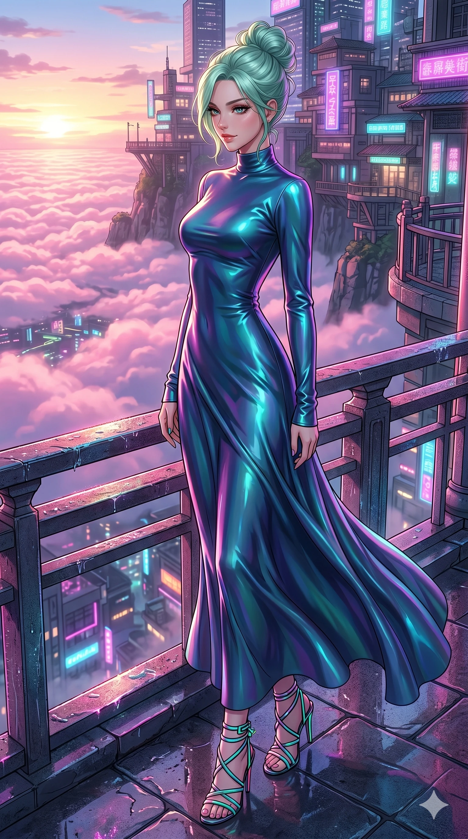 score_9, masterpiece, best quality, ultra-detailed, high-budget anime keyframe, editorial fashion photography, tasteful artistic composition, Japanese woman. low angle full-body shot from head to toe showing her feet, filling the entire 9:16 vertical frame with her statuesque presence, stretching her vertical silhouette. glancing sidelong over her shoulder with a smoldering half-smile at a cliffside pavilion looking down at a vast sea of pink clouds (Code-P18-007). She has an absolutely perfect 8-heads proportion, an exceptionally tall and slender female figure with impossibly long slender legs and an ultra-slim waist. V-shaped jawline, high-bridge nose, intricate jewel-like eyes with depth, thick eyelashes, glossy lips with a natural sheen. wearing a high-neck long-sleeved silk gown with an elegant drape. drenched in wet neon reflections from the street, highlighting the glossy textures of her outfit. 2k, ultra detail, master piece, 9:16 ratio