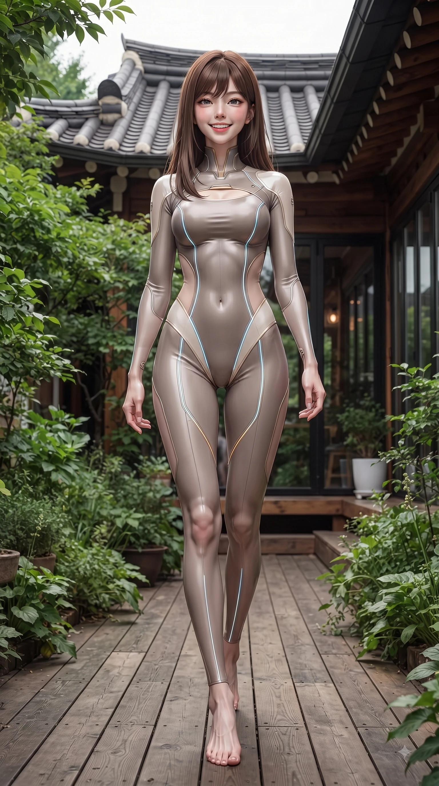 score_9, masterpiece, best quality, ultra-detailed, high-budget anime keyframe, editorial fashion photography, tasteful artistic composition, Korean woman. low angle full-body shot from head to toe showing her feet, filling the entire 9:16 vertical frame with her statuesque presence, stretching her vertical silhouette. stepping forward in a proud dynamic stride with a cheerful beaming smile, her vertical silhouette filling the frame while pivoting gracefully on a secluded wooden cafe terrace enveloped by lush green garden foliage, traditional Hanok clay roof tiles and modern glass windows framing the background. She has an absolutely perfect, statuesque 8.5-heads proportion, an exceptionally tall and slender model-like female figure with impossibly long slender legs and an ultra-slim waist. sharp v-shaped jawline, high-bridge nose, intricate jewel-like eyes with depth, thick eyelashes, glossy lips with a natural sheen, flawlessly proportioned anatomical accuracy, natural body alignment, perfectly sculpted elegant limbs, clean dynamic posture without body distortion. wearing a skin-tight cybernetic bodysuit with glowing neon seams and side cutouts in muted taupe and soft ivory, woven from fine semi-opaque sheer organza, accented with a Tasteful chest slit framing her clavicle gracefully, the glove-like fit emphasizing her statuesque silhouette during motion. surrounded by a cozy, intimate, and relaxing cafe atmosphere. ultra-reflective glossy finish, specular highlights, metallic sheen, high-contrast stereoscopic depth, volumetric dynamic lighting, 2k, ultra detail, master piece, 9:16 ratio