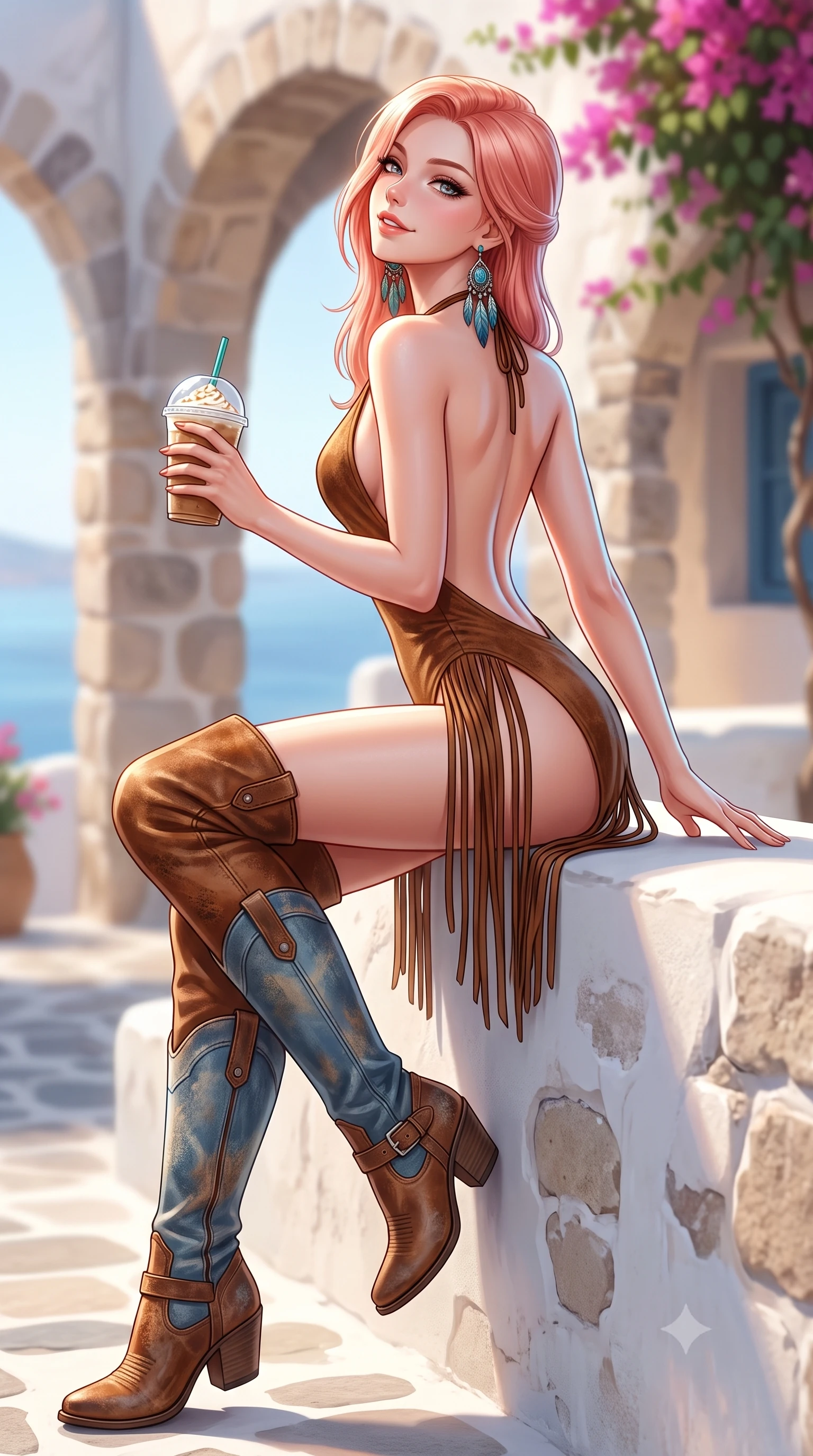 score_9, masterpiece, best quality, ultra-detailed, high-budget anime keyframe, semi-realistic 3D game render, editorial fashion photography, tasteful artistic composition, Japanese woman. low angle full-body shot from head to toe showing her feet, filling the entire 9:16 vertical frame with her statuesque presence, stretching her vertical silhouette. sitting poised on the stone steps with one knee bent, arching her spine with supermodel elegance as she glances upward through thick eyelashes while sitting perched on the whitewashed wall with legs crossed, holding an iced frappe while casting a teasing, coquettish smile. The background shows a soft-focus cycladic stone arches softened in idyllic Greek island shallow focus. She has an absolutely perfect, statuesque 8.5-heads proportion, an exceptionally tall and slender model-like female figure with impossibly long slender legs, an ultra-slim waist, a flat toned midriff, narrow delicate ribcage, and beautifully sculpted feminine hips creating a graceful, slim hourglass silhouette without any bulky heaviness. sharp v-shaped jawline, high-bridge nose, sparkling eyes with hypnotic seductive depth, thick curled eyelashes, glossy parted lips with a natural dewy peach sheen, alluring bedroom-eyes with an enchanting coquettish smile, exuding magnetic siren charisma and sophisticated glamour, flawlessly proportioned anatomical accuracy, strict slender model proportions, natural body alignment, perfectly sculpted long slender limbs, ultra-slim waistline, clean dynamic posture without body distortion. wearing a slinky backless halterneck suede leotard with fringe accents along the side hips and thigh-high cowboy boots in distressed whiskey leather brown and sun-bleached denim blue, tailored from ultra-soft distressed suede with velvety hand-feel and rich shadow depth, accented with turquoise and silver bohemian feather earrings swaying near her bare neck, the precision-cut side openings and low-back scoop framing her graceful spine and the sensual sweep of her slim, toned hips. illuminated by Aegean water reflection fill and sharp platinum rim lights sculpting her delicate clavicles, narrow waist, and curvy hips. highly saturated vibrant anime colors, detailed shading with soft gradients, rich glossy textures, high-contrast stereoscopic depth, volumetric dynamic lighting, master piece, 9:16 ratio