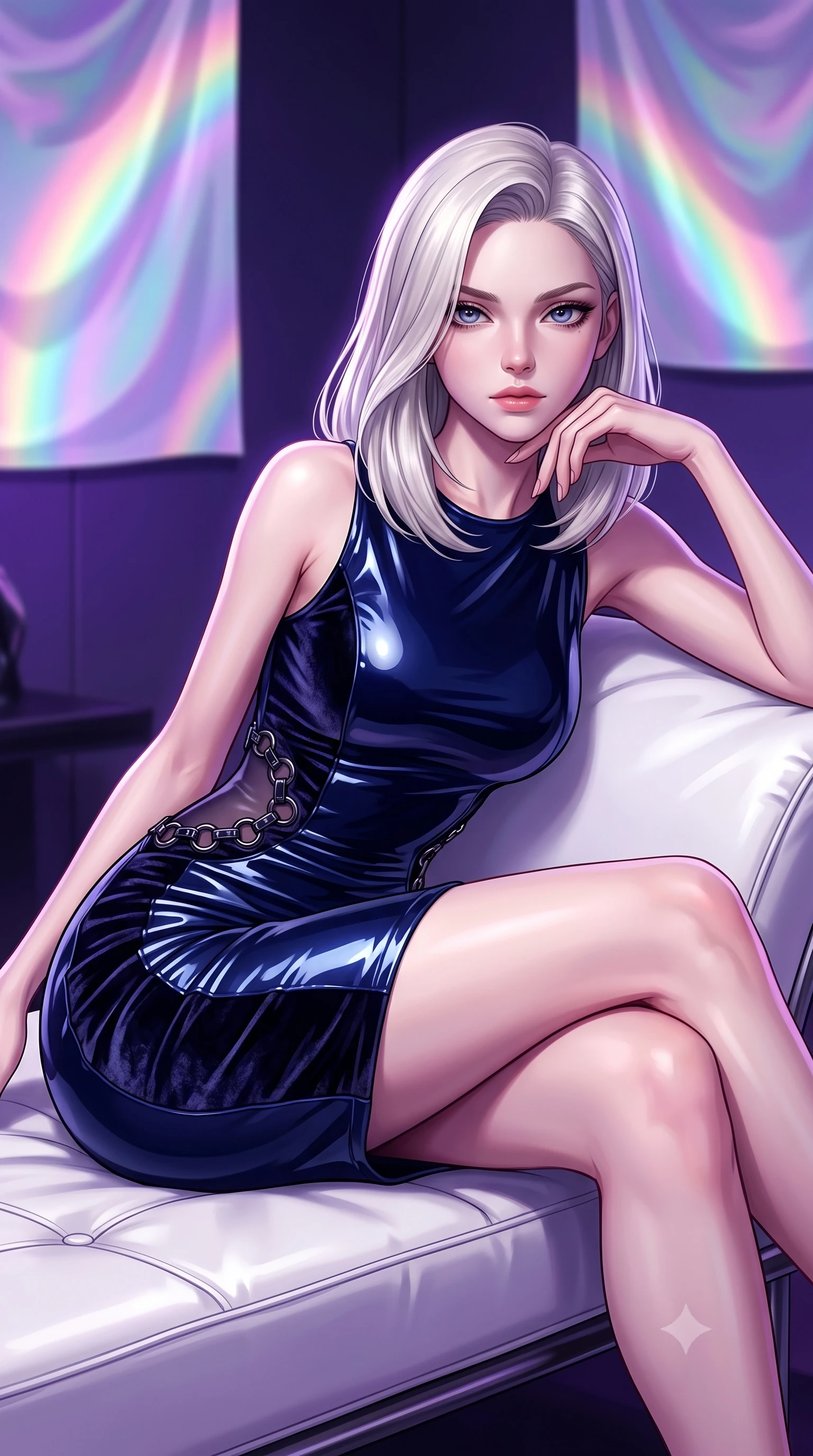 score_9, masterpiece, best quality, ultra-detailed, high-budget anime keyframe, editorial fashion photography, tasteful artistic composition, Caucasian woman. close-up cowboy shot from the waist and thighs up, the character dominates the composition, filling the frame with her large presence, background elements kept in soft focus. Resting her chin on the backs of her fingers with an air of effortless superiority, lounging on a sleek white leather daybed under dark purple ambient lights, holographic silk tapestries projecting vibrant pastel light arcs around her. She has an exceptionally elegant, slender, and willowy female figure with an ultra-slim waist, a gracefully sculpted slender torso, and a refined silhouette. sharp v-shaped jawline, high-bridge nose, intricate jewel-like eyes with depth, thick eyelashes, glossy lips with a natural sheen. wearing precision-fitted bodycon dress in high-gloss liquid vinyl in midnight navy blue, made of crushed dark silk velvet, trimmed with dark chrome ring hardware along the waist contours, the fitted fabric emphasizing her ultra-slim waist. lit by intense digital key light piercing through deep cyber shadows. highly saturated vibrant anime colors, detailed shading with soft gradients, rich glossy textures, high-contrast stereoscopic depth, volumetric dynamic lighting, master piece, 9:16 ratio