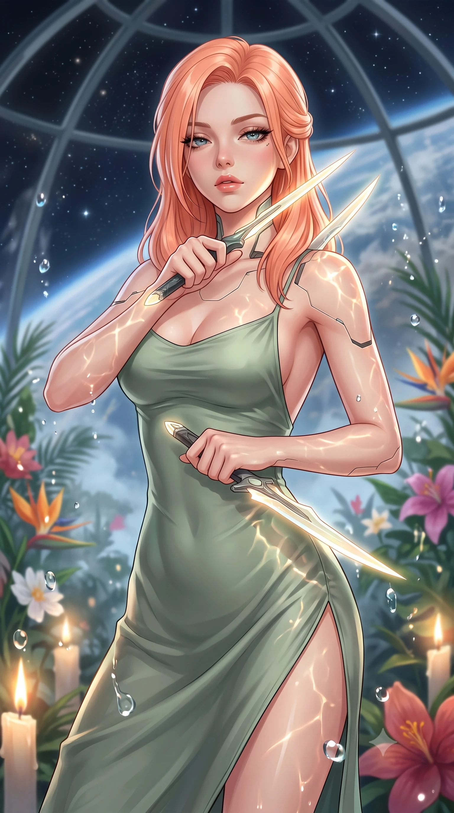 score_9, masterpiece, best quality, ultra-detailed, high-budget anime keyframe, editorial fashion photography, tasteful artistic composition, Japanese woman. close-up cowboy shot from the waist and thighs up, the character dominates the composition, filling the frame with her large presence, background elements kept in soft focus. holding two energy daggers crossed in front of her elegant collarbone, casting a heavy-lidded, sultry look, the background shows a soft-focus a glass dome botanical garden in orbit, filled with tropical flowers and steam. She has an exceptionally elegant, slender, and willowy female figure with an ultra-slim waist, a gracefully sculpted slender torso, and a refined silhouette. sharp v-shaped jawline, high-bridge nose, intricate jewel-like eyes with depth, thick eyelashes, glossy lips with a natural sheen. wearing a form-contouring lightweight silk combat slip dress in sage green, featuring a high side slit and a low-cut back. soft flickering candle glow refracting through the moving water droplets. highly saturated vibrant anime colors, detailed shading with soft gradients, rich glossy textures, high-contrast stereoscopic depth, volumetric dynamic lighting, master piece, 9:16 ratio