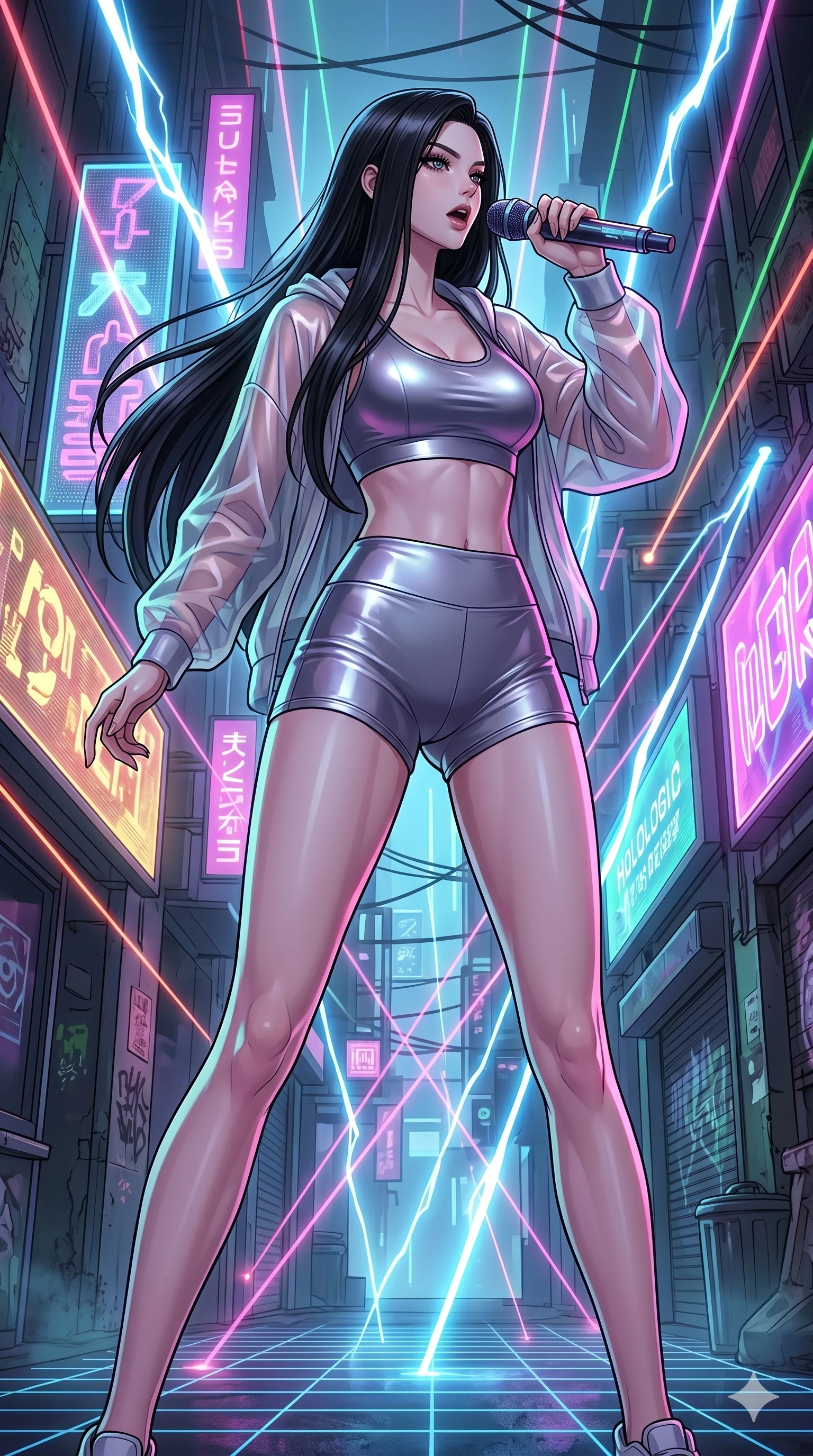 score_9, masterpiece, best quality, ultra-detailed, high-budget anime movie keyframe, cinematic anime lighting, intricate line art, Caucasian (strictly human ears) woman. Low angle cowboy shot filling the entire 9:16 frame with her statuesque presence. singing on a laser stage in a neon-lit cyberpunk alleyway with lightning lasers. She has an absolutely perfect 8-heads proportion, an exceptionally tall and slender female figure with an ultra-slim waist and impossibly long slender legs. sharp v-shaped jawline, high-bridge nose, intricate jewel-like eyes, thick eyelashes, glossy lips. Wearing premium athleisure set with a metallic-finish compression top, high-cut yoga shorts that accentuate her long legs, and a sheer oversized hoodie. The scene is illuminated by dramatic atmospheric lighting and vibrant color palettes. , 2k, ultra detail, master piece, 9:16 ratio