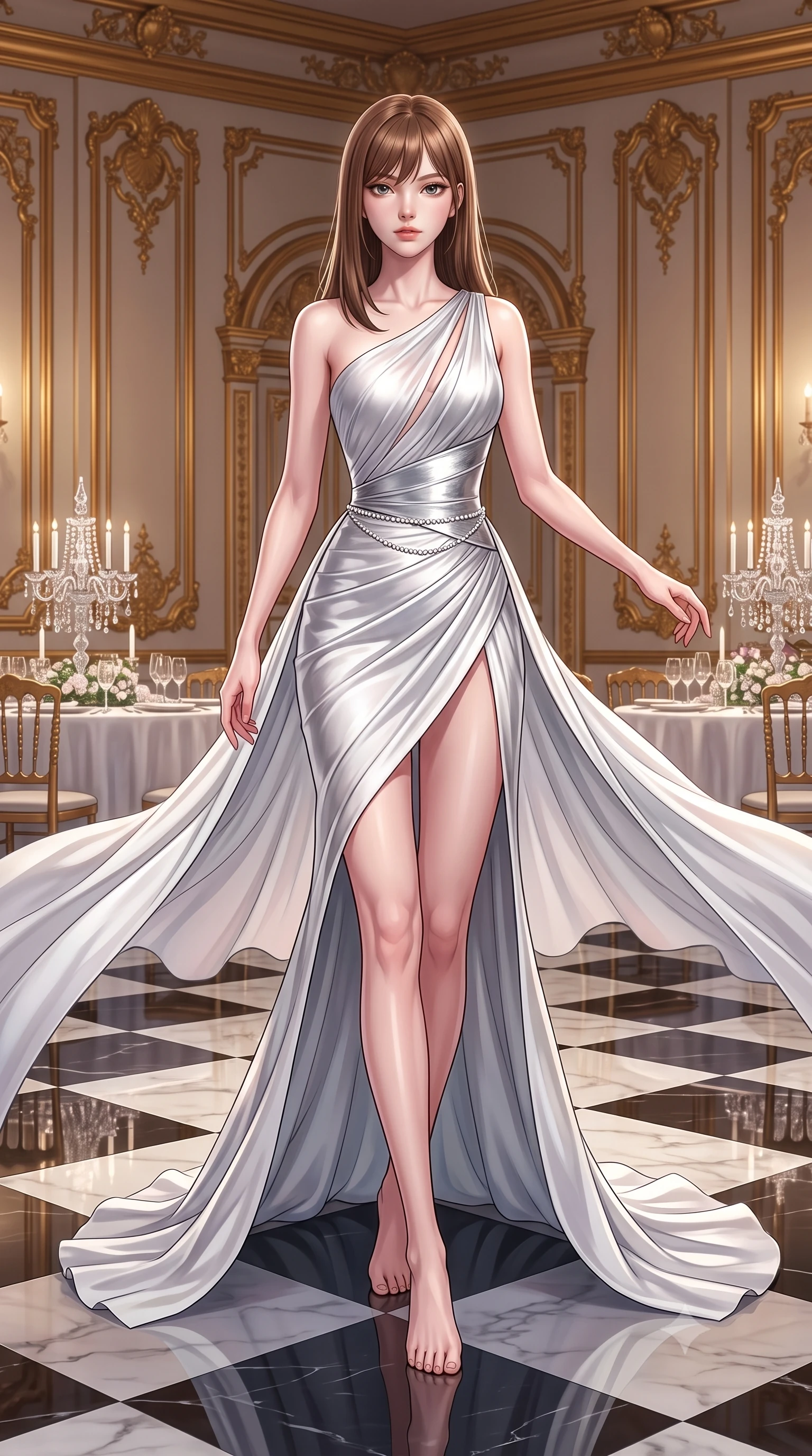 score_9, masterpiece, best quality, ultra-detailed, high-budget anime keyframe, semi-realistic 3D game render, editorial fashion photography, tasteful artistic composition, Korean woman. low angle full-body shot from head to toe showing her feet, filling the entire 9:16 vertical frame with her statuesque presence, stretching her vertical silhouette. executing an elegant mid-motion spin with effortless grace, her garments fluttering softly around her ultra-slim waistline while gliding across the mirror-polished checkerboard marble floor of an imperial palace ballroom during a midnight gala. The surrounding environment is rendered in vivid detail and crisp panoramic clarity. sharp checkerboard marble floor reflections, ornate gold wall molding, and crystal table settings in deep focus. She has an absolutely perfect, statuesque 8.5-heads proportion, an exceptionally tall and slender model-like female figure with impossibly long slender legs, a toned flat midriff, and an ultra-slim waist. sharp v-shaped jawline, high-bridge nose, intricate jewel-like eyes with depth, thick eyelashes, glossy lips with a natural sheen, captivating and magnetic expression, flawlessly proportioned anatomical accuracy, strict slender model proportions, natural body alignment, perfectly sculpted long slender limbs, ultra-slim waistline, clean dynamic posture without body distortion. wearing an asymmetric one-shoulder silk chiffon red-carpet gown with a sweeping flowing train in pristine arctic white and metallic silver, made of structured fine wool crepe and liquid silk satin, accented with a dainty diamond waist chain framing her slender silhouette, the liquid-tight tailored fabric emphasizing every curve of her tall, slender model proportions and sculptured silhouette during dynamic movement. surrounded by a glamorous, exclusive, and breathtakingly captivating billionaire heiress aura. highly saturated vibrant anime colors, detailed shading with soft gradients, rich glossy textures, high-contrast stereoscopic depth, volumetric dynamic lighting, master piece, 9:16 ratio