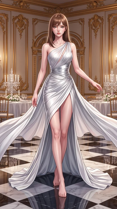 score_9, masterpiece, best quality, ultra-detailed, high-budget anime keyframe, semi-realistic 3D game render, editorial fashion photography, tasteful artistic composition, Korean woman. low angle full-body shot from head to toe showing her feet, fil