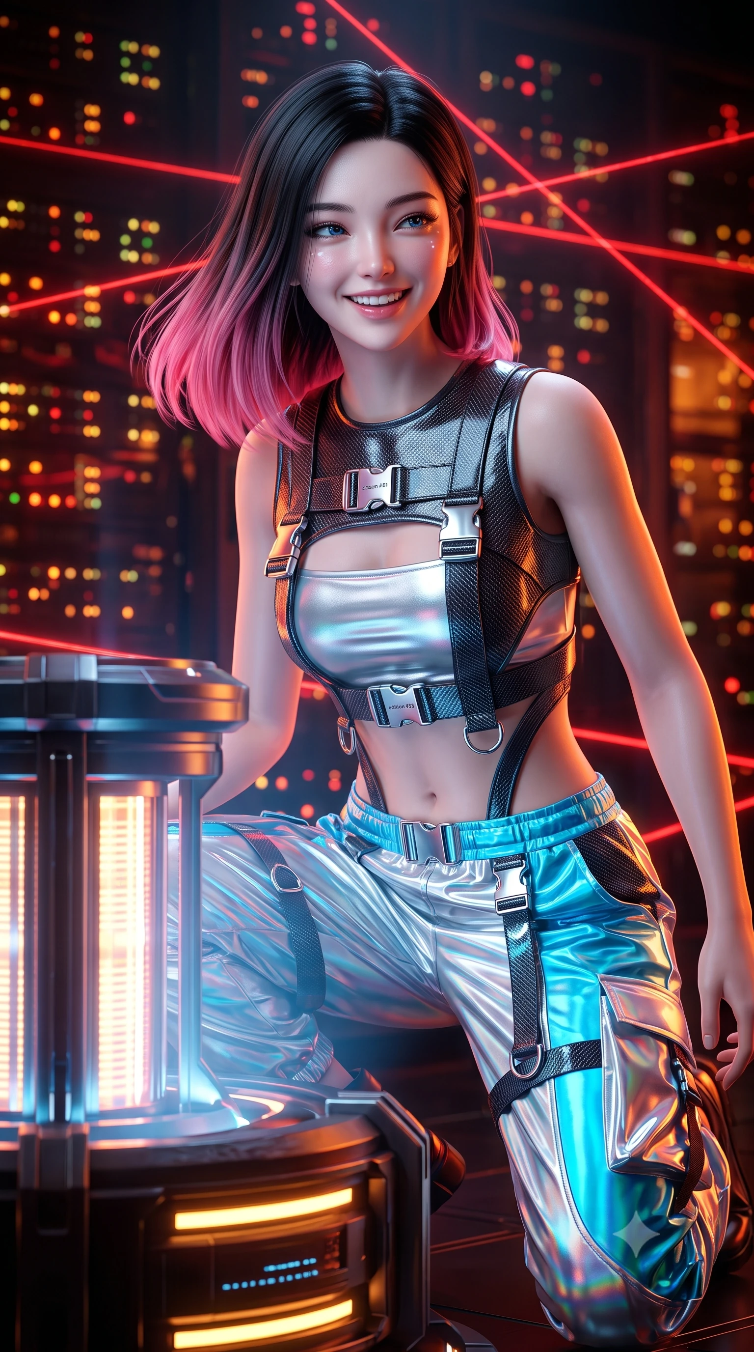 score_9, masterpiece, best quality, ultra-detailed, high-budget anime keyframe, semi-realistic 3D game render, editorial fashion photography, tasteful artistic composition, Korean woman. close-up cowboy shot from the waist and thighs up, the character dominates the composition, filling the frame with her large presence. laughing softly with genuine, enchanting warmth, eyes crinkling sweetly as specular highlights illuminate her cheeks while sliding into a low tactical crouch beside a glowing data core, eyes scanning the perimeter with lethal intelligence. The composition keeps background elements in soft focus with creamy bokeh. endless glowing server rack indicator LEDs and intersecting red laser lines blurred into fiery crimson, amber, and obsidian bokeh. She has an exceptionally elegant, slender, and willowy female figure with an ultra-slim waist, a gracefully sculpted slender torso, toned flat midriff, and a refined slim silhouette. sharp v-shaped jawline, high-bridge nose, intricate jewel-like eyes with depth, thick eyelashes, glossy lips with a natural sheen, captivating and magnetic expression, flawlessly proportioned anatomical accuracy, strict slender model proportions, natural body alignment, perfectly sculpted long slender limbs, ultra-slim waistline, clean dynamic posture without body distortion. wearing a futuristic cropped tech-harness vest worn over a silver reflective tube top and high-rise metallic parachute cargo pants in holographic silver and electric cyan, crafted from high-gloss metallic ripstop nylon and flexible carbon mesh, detailed with heavy-duty chrome quick-release buckles and D-ring straps edition #33, the precision-cut daring openings accentuating her delicate midriff, graceful bare collarbones, and ultra-slim feminine waistline. bathed in dramatic intersecting red laser beam illumination and cool blue server indicator glow. highly saturated vibrant anime colors, detailed shading with soft gradients, rich glossy textures, high-contrast stereoscopic depth, volumetric dynamic lighting, master piece, 9:16 ratio