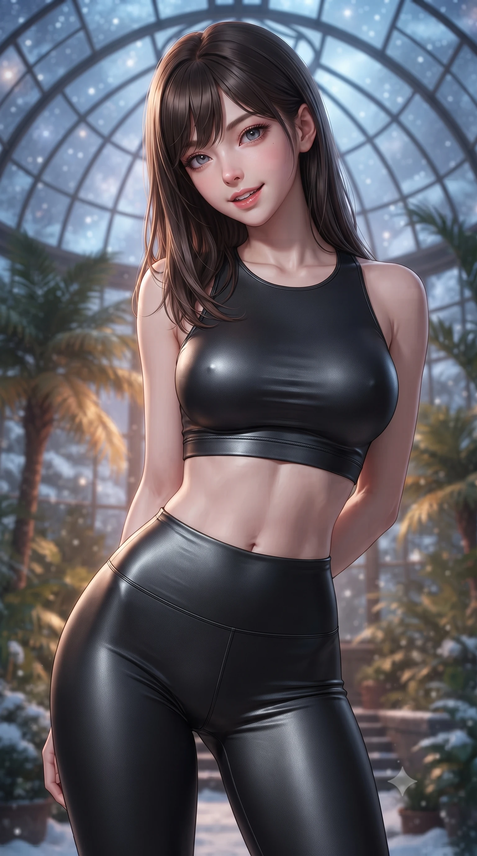 score_9, masterpiece, best quality, ultra-detailed, high-budget anime keyframe, editorial fashion photography, tasteful artistic composition, Korean woman. close-up cowboy shot from the waist and thighs up, the character dominates the composition, filling the frame with her large presence, background elements kept in soft focus. leaning slightly forward with a playful, teasing smile, her gaze locked onto the viewer with lips parted in a composed pose, the background shows a soft-focus a glass greenhouse dome built in a snowy biome, filled with warm tropical palms. She has an exceptionally elegant, slender, and willowy female figure with an ultra-slim waist, a gracefully sculpted slender torso, and a refined silhouette. sharp v-shaped jawline, high-bridge nose, intricate jewel-like eyes with depth, thick eyelashes, glossy lips with a natural sheen. wearing a body-hugging form-fitting athletic crop top and matching high-waisted compression leggings in sleek carbon-black tech fabric. soft silver starlight filtering through glass panels, creating a cool ambient glow. ultra-reflective glossy finish, specular highlights, metallic sheen, high-contrast stereoscopic depth, volumetric dynamic lighting, 2k, ultra detail, master piece, 9:16 ratio