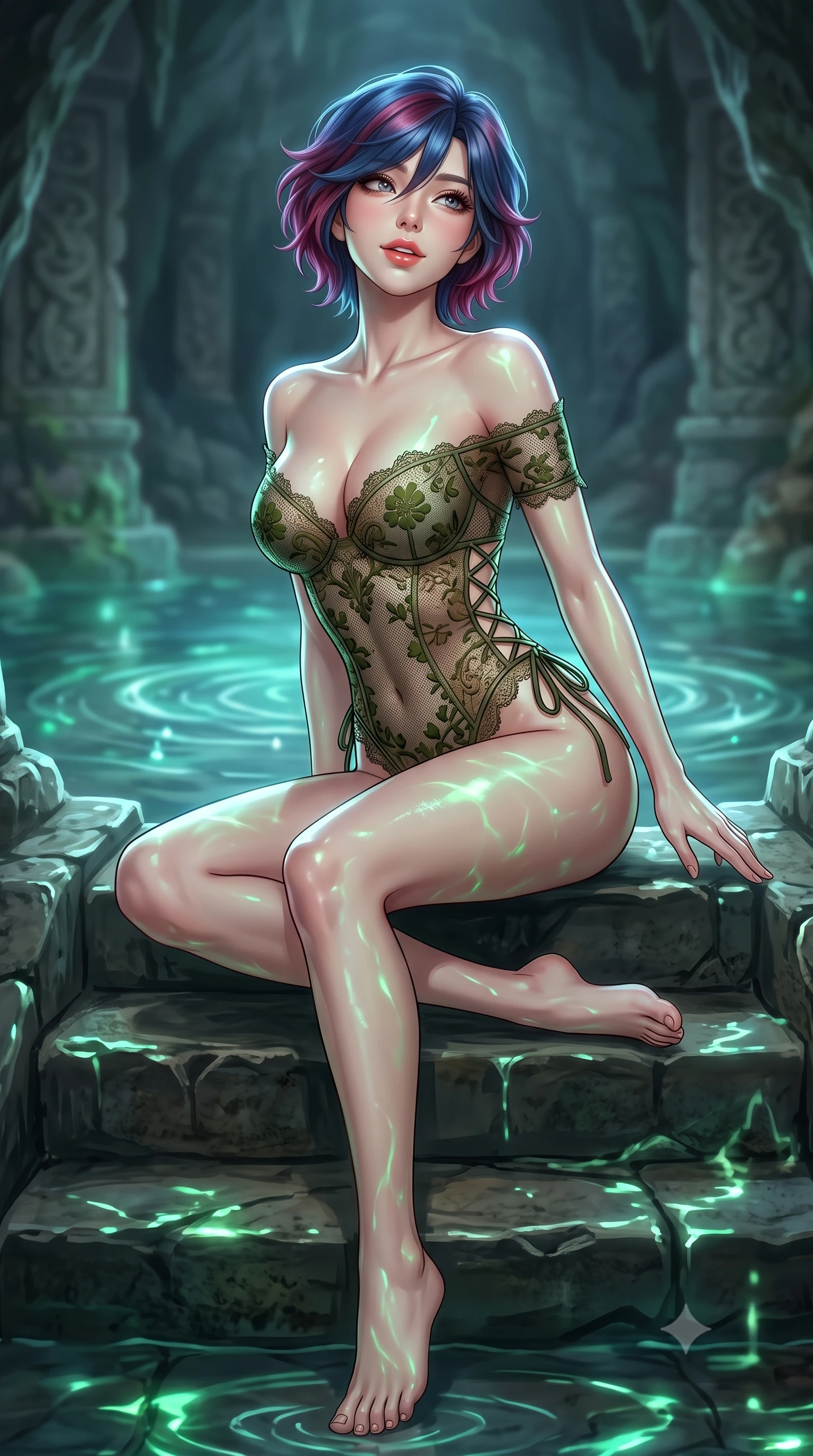 score_9, masterpiece, best quality, ultra-detailed, high-budget anime keyframe, semi-realistic 3D game render, editorial fashion photography, tasteful artistic composition, Korean woman. low angle full-body shot from head to toe showing her feet, filling the entire 9:16 vertical frame with her statuesque presence, stretching her vertical silhouette. sitting poised on the stone steps with one knee bent, arching her spine with supermodel elegance as she glances upward through thick eyelashes while twisting her slender torso in an alluring contrapposto stance, bioluminescent green water reflections dancing hypnotic patterns across her curves. The background shows a soft-focus gentle cave water ripples softened in mystical aquatic shallow focus. She has an absolutely perfect, statuesque 8.5-heads proportion, an exceptionally tall and slender model-like female figure with impossibly long slender legs, an ultra-slim waist, a flat toned midriff, narrow delicate ribcage, and beautifully sculpted feminine hips creating a graceful, slim hourglass silhouette without any bulky heaviness. sharp v-shaped jawline, high-bridge nose, sparkling eyes with hypnotic seductive depth, thick curled eyelashes, glossy parted lips with a natural dewy peach sheen, alluring bedroom-eyes with an enchanting coquettish smile, exuding magnetic siren charisma and sophisticated glamour, flawlessly proportioned anatomical accuracy, strict slender model proportions, natural body alignment, perfectly sculpted long slender limbs, ultra-slim waistline, clean dynamic posture without body distortion. wearing an off-the-shoulder sheer-illusion mesh bodysuit with strategic floral flocking and high-cut leg openings in Arashiyama moss green and antique bronze, made of delicate semi-sheer French Chantilly lace with intricate eyelash edges, featuring fine criss-cross lace-up side ties revealing tantalizing glimpses of her hip curve, the liquid-tight tailored fabric clinging flawlessly to her narrow waist and rounded feminine hips, emphasizing every millimeter of her sculpted slim hourglass curves without any bulky heaviness. illuminated by subterranean water reflection bounce and sharp icy-platinum rim lights defining her delicate clavicles, narrow waist, and curvy hips. highly saturated vibrant anime colors, detailed shading with soft gradients, rich glossy textures, high-contrast stereoscopic depth, volumetric dynamic lighting, master piece, 9:16 ratio