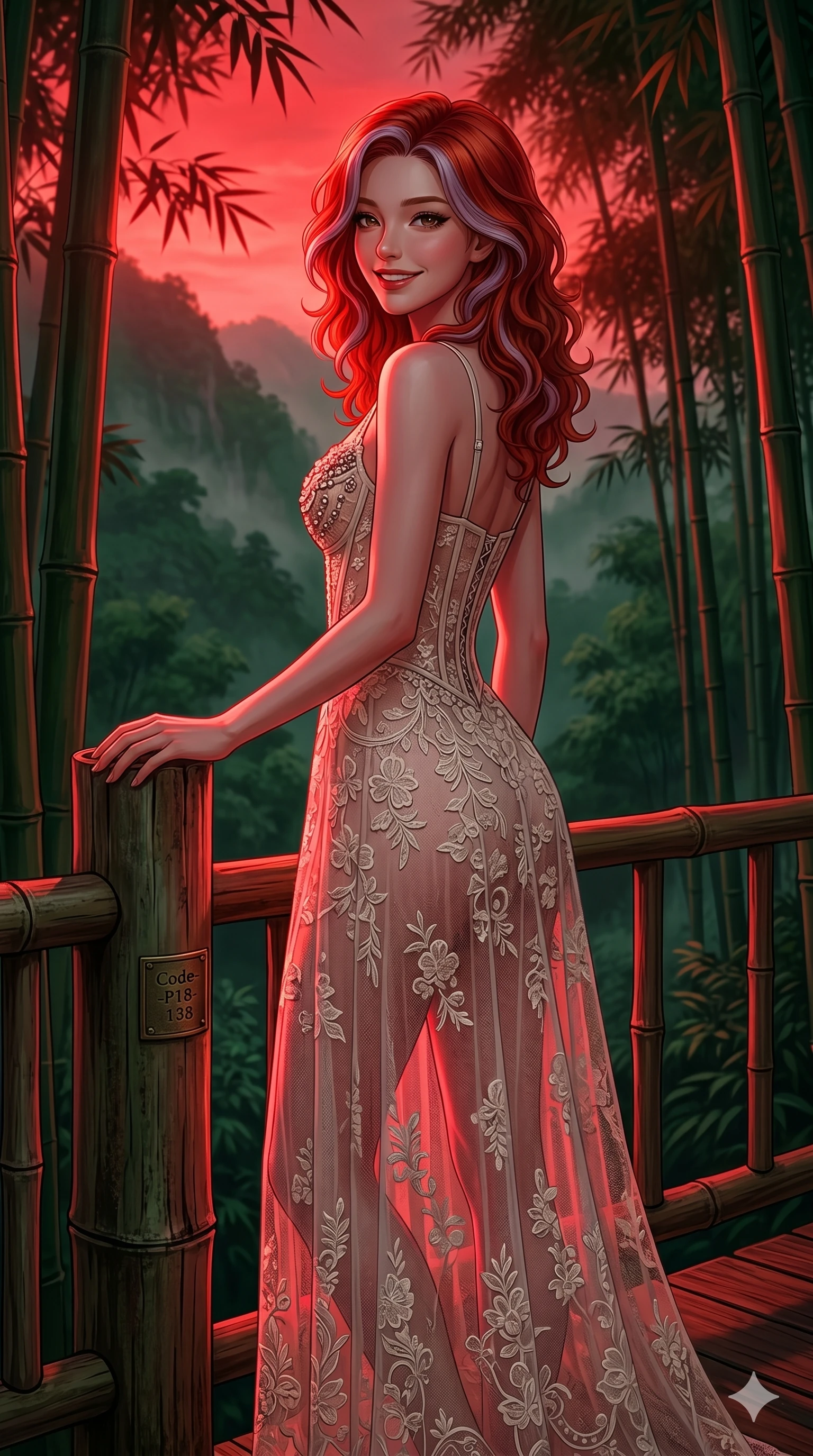 score_9, masterpiece, best quality, ultra-detailed, high-budget anime keyframe, editorial fashion photography, tasteful artistic composition, Caucasian woman, strictly human ears. cowboy shot from the thighs up, character and outfit filling the frame for maximum editorial presence. resting one hand on a bamboo trunk, looking over her shoulder with a smile on a secluded deck of a forest retreat surrounded by green mountain mist (Code-P18-138). She has an absolutely perfect 8-heads proportion, an exceptionally tall and slender female figure with impossibly long slender legs and an ultra-slim waist. V-shaped jawline, high-bridge nose, intricate jewel-like eyes with depth, thick eyelashes, glossy lips with a natural sheen. wearing a sheer lace dress with a corset bodice and delicate floral patterns. dramatic crimson theatrical sunset light, casting sharp highlights on every curve. 2k, ultra detail, master piece, 9:16 ratio