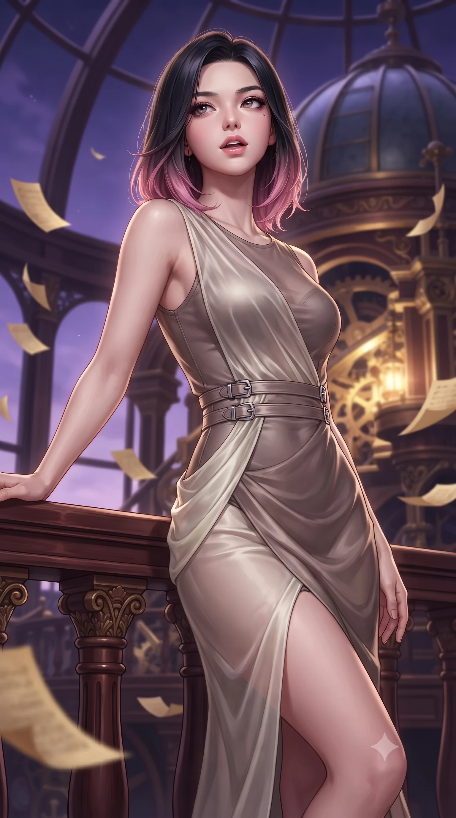 score_9, masterpiece, best quality, ultra-detailed, high-budget anime keyframe, editorial fashion photography, tasteful artistic composition, Korean woman. close-up cowboy shot from the waist and thighs up, the character dominates the composition, filling the frame with her large presence, background elements kept in soft focus. Tilting her chin up slightly with lips parted in a magnetic, composed expression leaning against a vintage mahogany balustrade inside a mechanical observatory, golden paper pages fluttering gently around her in a magical breeze. She has an exceptionally elegant, slender, and willowy female figure with an ultra-slim waist, a gracefully sculpted slender torso, and a refined silhouette. sharp v-shaped jawline, high-bridge nose, intricate jewel-like eyes with depth, thick eyelashes, glossy lips with a natural sheen. wearing a semi-opaque sheer overlay dress over a leather micro-bodysuit in muted taupe and soft ivory, crafted from lustrous satin jersey with fluid draping, detailed with polished silver buckles along the waistline, the form-contouring material highlighting her ultra-slim waist and long lines. lit by a contrast of deep violet sky and radiant golden mechanical light. ultra-reflective glossy finish, specular highlights, metallic sheen, high-contrast stereoscopic depth, volumetric dynamic lighting, 2k, ultra detail, master piece, 9:16 ratio