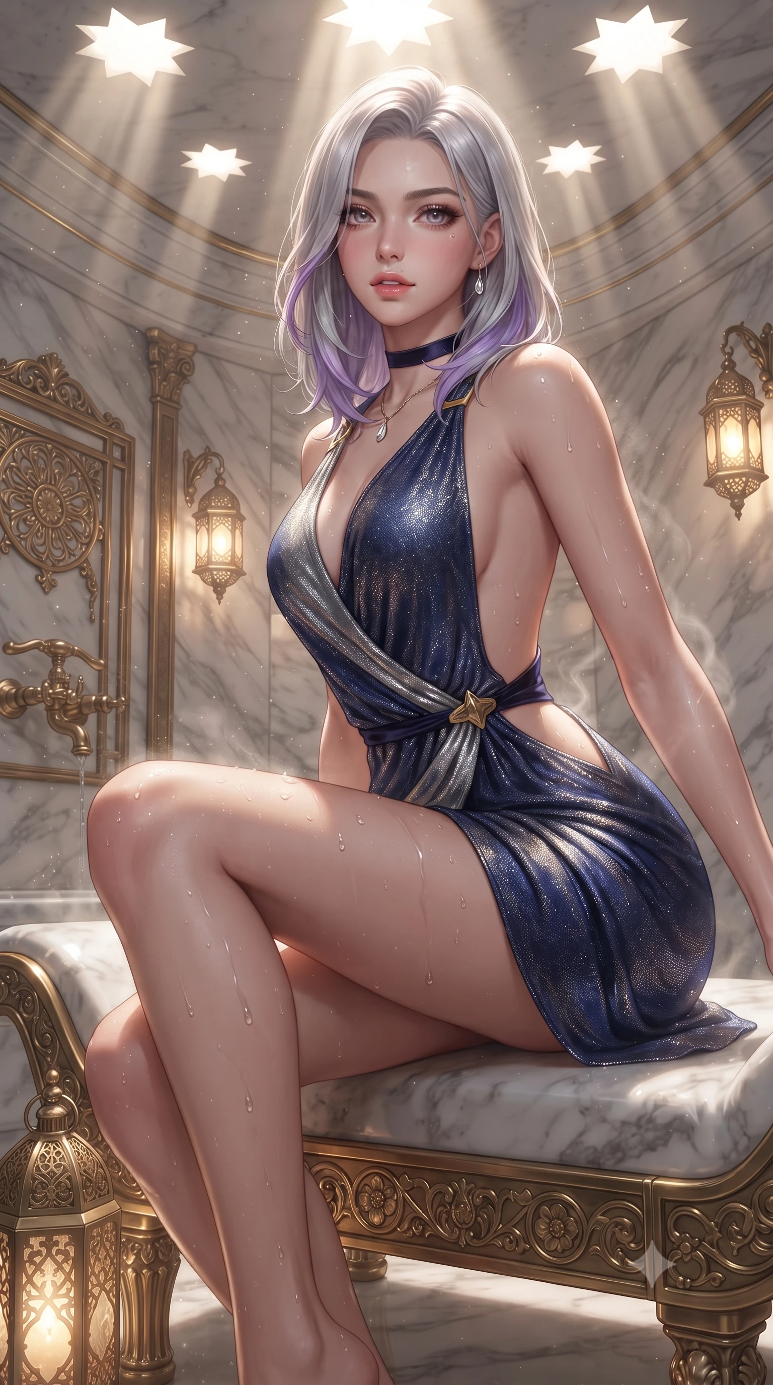 score_9, masterpiece, best quality, ultra-detailed, high-budget anime keyframe, editorial fashion photography, tasteful artistic composition, Caucasian woman. close-up cowboy shot from the waist and thighs up, the character dominates the composition, filling the frame with her large presence. perched sideways on the lounge seat, one knee drawn up to showcase her slender leg line while her arched back accentuates her feminine hip curve while twisting her slender torso in an alluring contrapposto stance, glowing pierced brass lanterns and rising mineral steam tracing her curves. The surrounding environment is rendered in vivid detail and crisp panoramic clarity: sharp hand-polished Carrara marble slab textures, intricate brass water tap engravings, and glistening water droplets on dewy skin in deep focus. She has an exceptionally elegant, slender, and willowy female figure with an ultra-slim waist, flat toned midriff, narrow ribcage, and sculpted feminine hips creating an alluring, slim hourglass silhouette without bulk. sharp v-shaped jawline, high-bridge nose, sparkling eyes with hypnotic seductive depth, thick curled eyelashes, glossy parted lips with a natural dewy peach sheen, alluring bedroom-eyes with an enchanting coquettish smile, exuding magnetic siren charisma and sophisticated glamour, flawlessly proportioned anatomical accuracy, strict slender model proportions, natural body alignment, perfectly sculpted long slender limbs, ultra-slim waistline, clean dynamic posture without body distortion. wearing a draped Greek-goddess style silk chiffon mini toga dress with an open back and golden hip fibula in deep sapphire navy and molten silver, woven from stretch metallic lurex jersey casting radiant starlight glints across her silhouette, finished with a thin velvet ribbon choker and a single teardrop diamond pendant, the precision-cut side openings and low-back scoop framing her graceful spine and the sensual sweep of her slim, toned hips. bathed in ethereal light shafts streaming downward through star-shaped ceiling penetrations combined with warm lantern uplights. ultra-reflective glossy finish, specular highlights, rich textural contrasts, high-contrast stereoscopic depth, volumetric dynamic lighting, 2k, ultra detail, master piece, 9:16 ratio