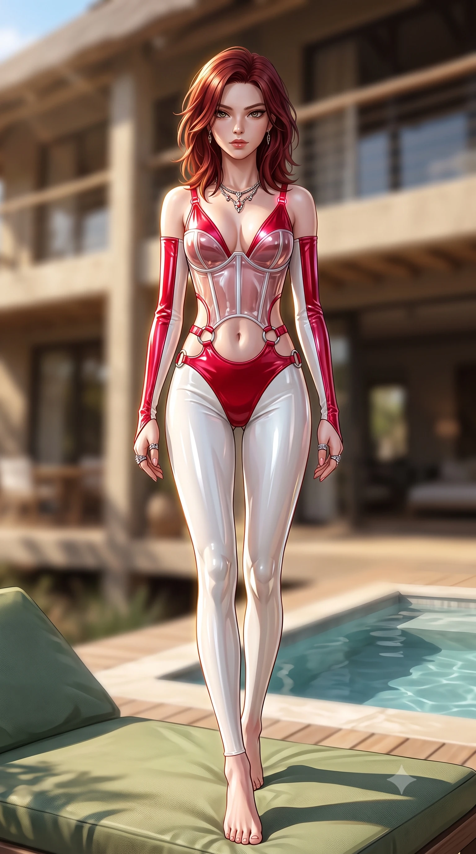 score_9, masterpiece, best quality, ultra-detailed, high-budget anime keyframe, semi-realistic 3D game render, editorial fashion photography, tasteful artistic composition, Korean woman. low angle full-body shot from head to toe showing her feet, filling the entire 9:16 vertical frame with her statuesque presence, stretching her vertical silhouette. striding forward in a proud, statuesque motion with a dangerous smolder, her vertical silhouette dominating the frame from head to toe while stretching her long slender legs along a plush outdoor lounger with a smoldering, wild yet sophisticated gaze. The composition keeps background elements in soft focus with creamy bokeh. modern safari lodge architecture and plunge pool waters softened in atmospheric shallow focus. She has an absolutely perfect, statuesque 8.5-heads proportion, an exceptionally tall and slender model-like female figure with impossibly long slender legs, a toned flat midriff, and an ultra-slim waist. sharp v-shaped jawline, high-bridge nose, intricate jewel-like eyes with depth, thick eyelashes, glossy lips with a natural sheen, flawlessly proportioned anatomical accuracy, strict slender model proportions, natural body alignment, perfectly sculpted long slender limbs, ultra-slim waistline, clean dynamic posture without body distortion. wearing a translucent cybernetic corset in semi-opaque structured vinyl, combined with detached sleeves and a deep-plunging neckline secured by glowing micro-straps in radiant crimson silk and crisp snow white, crafted from ultra-reflective second-skin latex with a high-gloss glass-like polish, detailed with polished silver rings connecting the daring side-waist cutouts, the liquid-tight tailored fabric emphasizing every curve of her tall, slender model proportions and sculptured silhouette during dynamic movement. illuminated by crisp golden rim highlights sharply defining her ultra-slim waist, long legs, and flat midriff. highly saturated vibrant anime colors, detailed shading with soft gradients, rich glossy textures, high-contrast stereoscopic depth, volumetric dynamic lighting, master piece, 9:16 ratio