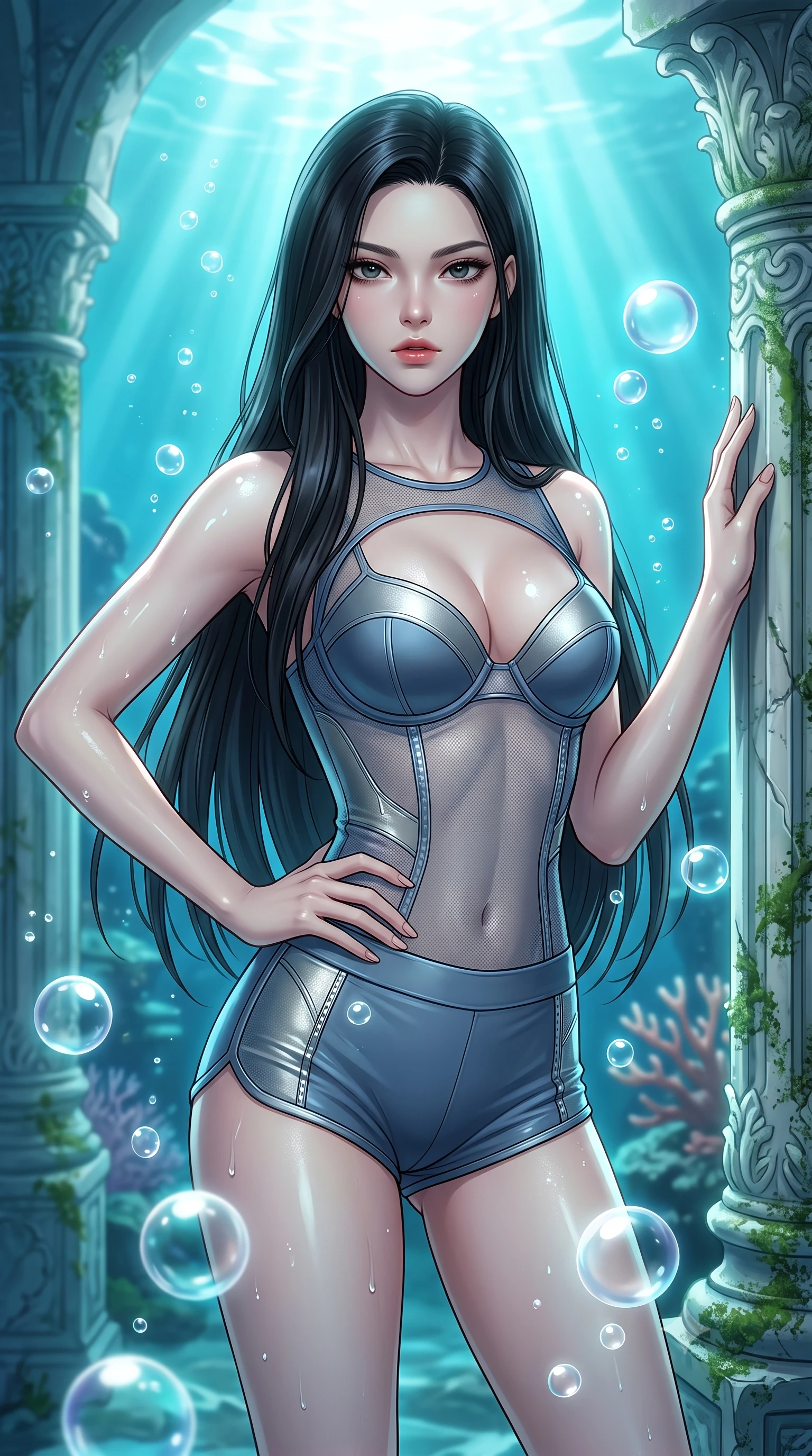 score_9, masterpiece, best quality, ultra-detailed, high-budget anime keyframe, editorial fashion photography, tasteful artistic composition, Korean woman. close-up cowboy shot from the waist and thighs up, the character dominates the composition, filling the frame with her large presence, background elements kept in soft focus. Holding a confident power pose with one hand on her hip, gazing directly into the camera with quiet intensity resting against an antique marble pillar as gentle sea bubbles rise around her, rising bioluminescent bubbles casting soft pearl-like highlights. She has an exceptionally elegant, slender, and willowy female figure with an ultra-slim waist, a gracefully sculpted slender torso, and a refined silhouette. sharp v-shaped jawline, high-bridge nose, intricate jewel-like eyes with depth, thick eyelashes, glossy lips with a natural sheen. wearing a delicate see-through mesh top with structured cup boning and micro-shorts in slate blue and metallic silver, formed from sleek second-skin neoprene, accented with a Tasteful chest slit framing her clavicle gracefully, the glove-like fit emphasizing her statuesque silhouette. bathed in brilliant underwater sunbeams and soft turquoise caustic glow. highly saturated vibrant anime colors, detailed shading with soft gradients, rich glossy textures, high-contrast stereoscopic depth, volumetric dynamic lighting, master piece, 9:16 ratio