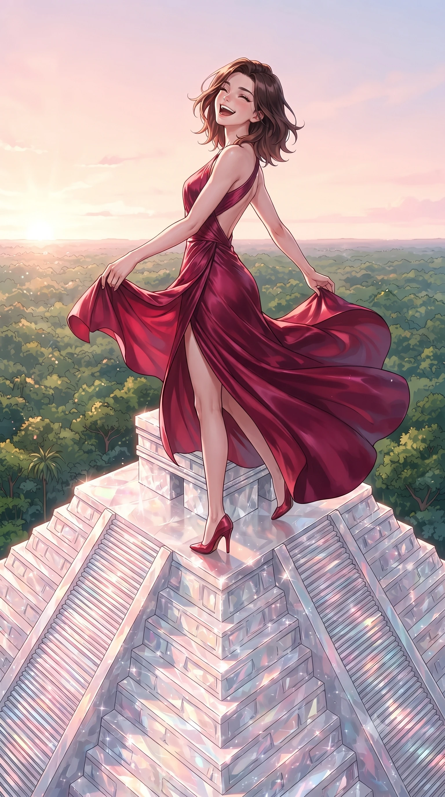 score_9, masterpiece, best quality, ultra-detailed, high-budget anime keyframe, editorial fashion photography, tasteful artistic composition, gorgeous anime illustration, with clean line-art, distinct ink outlines, and high-contrast stereoscopic depth, Korean woman. low angle full-body shot from head to toe showing her feet, filling the entire 9:16 vertical frame with her statuesque presence, stretching her vertical silhouette. twirling with a bright, delighted laugh inside atop a Mayan step pyramid made entirely of raw white quartz crystal in the heart of the Yucatan jungle, reflecting the sunrise over the emerald canopy. She has a statuesque 8.5-heads proportion, an exceptionally tall, slender and willowy model-like build with impossibly long legs and a highly sculpted ultra-slim waist. sharp v-shaped jawline, high-bridge nose, intricate jewel-like eyes with depth, thick eyelashes, glossy lips with a natural sheen. wearing a high-slit evening gown in deep crimson silk, featuring an asymmetric one-shoulder design and a bare back. soft warm rose-gold dawn light reflecting off the crystal surfaces, creating a shimmering pastel glow across the structure. 2k, ultra detail, master piece, 9:16 ratio, highly saturated vibrant anime colors, detailed cel-shading with soft gradients, rich glossy textures, deep contrast, volumetric dynamic lighting, 2d animation style
