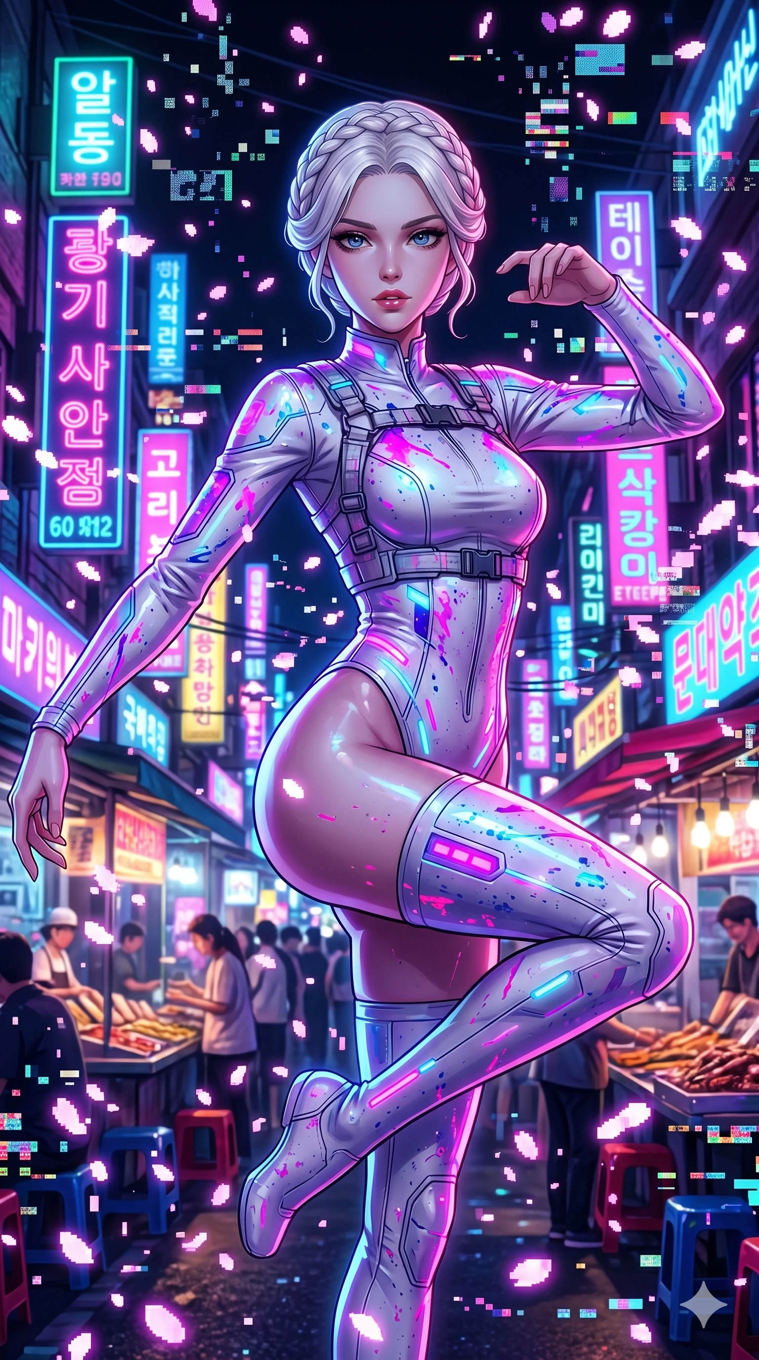 score_9, masterpiece, best quality, ultra-detailed, Set A: High-budget Anime Keyframe, Japanese woman. Upper body close-up from the thighs up, character filling the screen for maximum presence. Dancing through a neon-lit Neo-Seoul market, while a digital blizzard of 9 bits obscures the horizon and surrounded by digital sakura petals. She has an absolutely perfect 8-heads proportion, an exceptionally tall and slender female figure with impossibly long slender legs and an ultra-slim waist. Sharp v-shaped jawline, high-bridge nose, intricate jewel-like eyes with depth, thick eyelashes, glossy lips with a natural sheen. Wearing Neon-splattered white leather suit with high-cut legs and tactical harness. Cinematic lighting, vibrant colors, dramatic shadows, 2k, ultra detail, master piece, 9:16 ratio