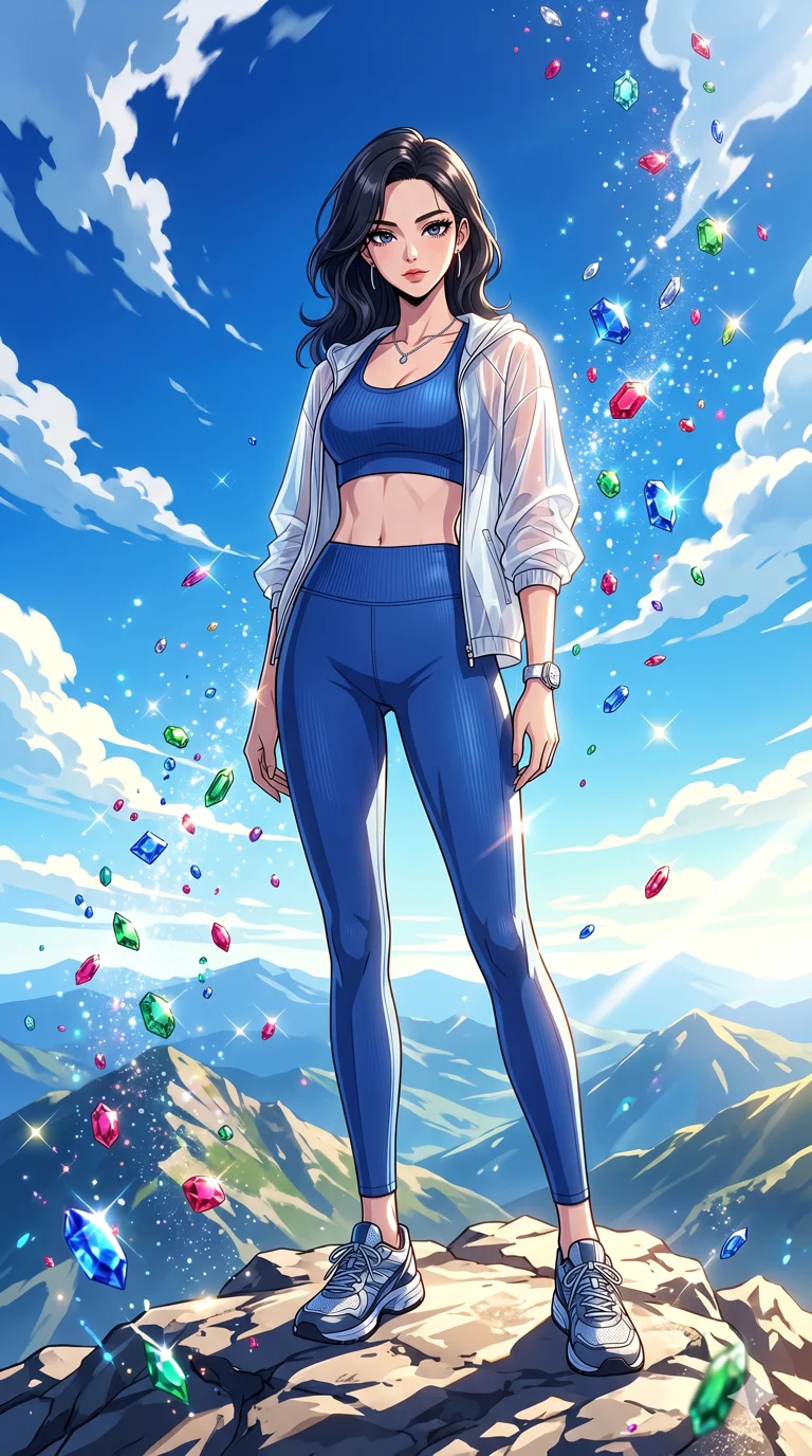 score_9, masterpiece, best quality, ultra-detailed, High-budget Anime Keyframe, beautiful Korean anime girl. Low angle cowboy shot filling the entire 9:16 frame with her overwhelming presence. Standing in a rain of colorful jewels on a mountain peak under a clear blue sky. She has an absolutely perfect 8-heads proportion, an exceptionally tall and slender female figure with impossibly long slender legs and an ultra-slim waist. Sharp v-shaped jawline, high-bridge nose, intricate jewel-like eyes with depth, thick eyelashes, glossy lips with a natural sheen. Wearing a Premium Athleisure outfit: sapphire ribbed sports bra and leggings set, sheer windbreaker, sleek high-performance activewear. Background is a bright and colorful environment with cinematic lighting, dynamic particle effects, and high-contrast shadows. 2k, ultra detail, master piece, 9:16 ratio