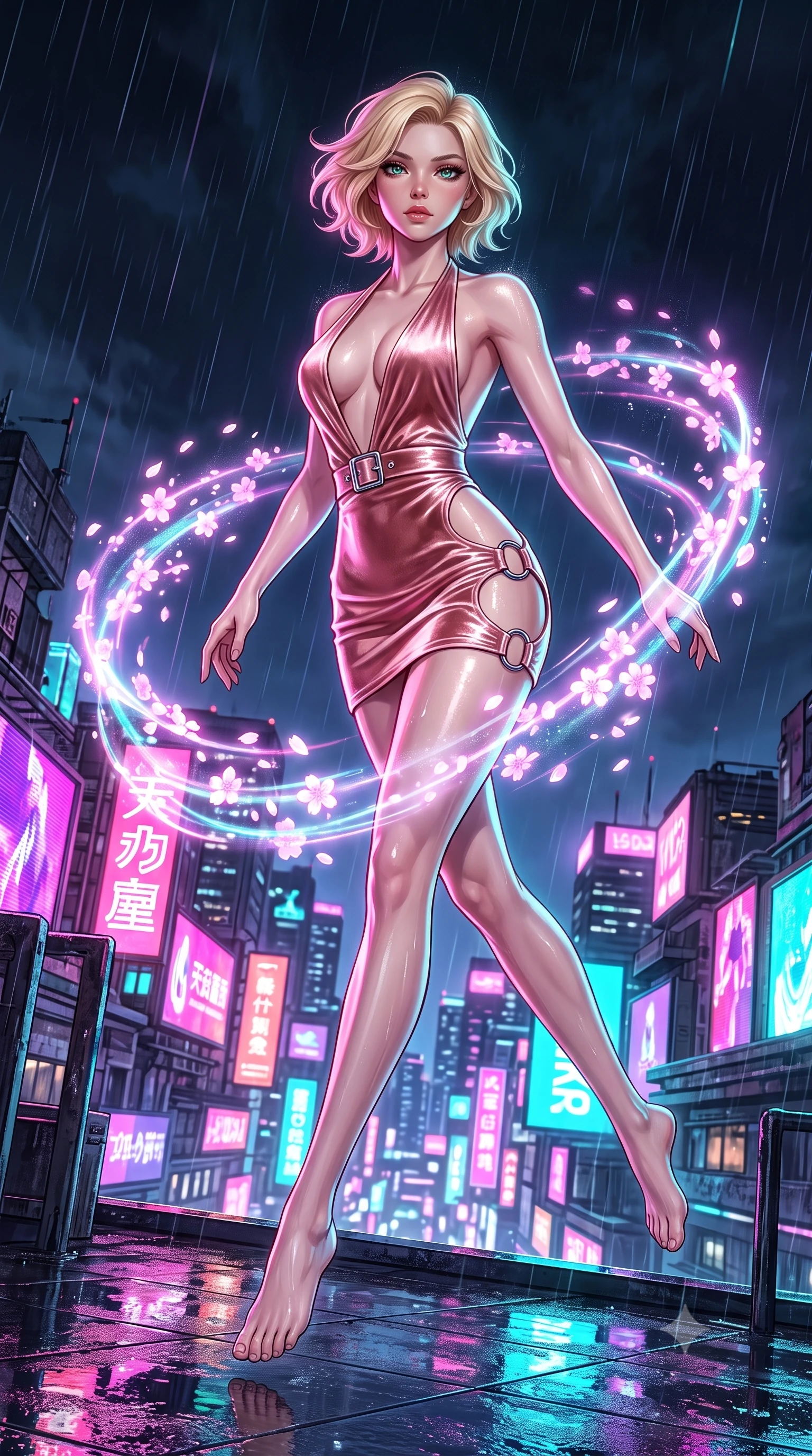 score_9, masterpiece, best quality, ultra-detailed, high-budget anime keyframe, editorial fashion photography, tasteful artistic composition, Caucasian woman. low angle full-body shot from head to toe showing her feet, filling the entire 9:16 vertical frame with her statuesque presence, stretching her vertical silhouette. performing an athletic mid-air rotation with flawless poise, her vertical silhouette beautifully stretched while turning in a dynamic mid-air stride with neon city billboards glowing below, wet rooftop surfaces reflecting glowing pink, purple, and cyan neon light bars. She has an absolutely perfect, statuesque 8.5-heads proportion, an exceptionally tall and slender model-like female figure with impossibly long slender legs and an ultra-slim waist. sharp v-shaped jawline, high-bridge nose, intricate jewel-like eyes with depth, thick eyelashes, glossy lips with a natural sheen, flawlessly proportioned anatomical accuracy, natural body alignment, perfectly sculpted elegant limbs, clean dynamic posture without body distortion. wearing a deep-scoop halter bodycon dress with hip cutouts connected by silver rings in pearl white and rose gold, made of premium stretch velvet with a rich sheen, detailed with polished silver buckles along the waistline, the elegant draped fit framing her graceful clavicle and slender torso. illuminated by glowing holographic sakura radiance and wet specular reflections. highly saturated vibrant anime colors, detailed shading with soft gradients, rich glossy textures, high-contrast stereoscopic depth, volumetric dynamic lighting, master piece, 9:16 ratio