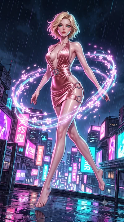 score_9, masterpiece, best quality, ultra-detailed, high-budget anime keyframe, editorial fashion photography, tasteful artistic composition, Caucasian woman. low angle full-body shot from head to toe showing her feet, filling the entire 9:16 vertica