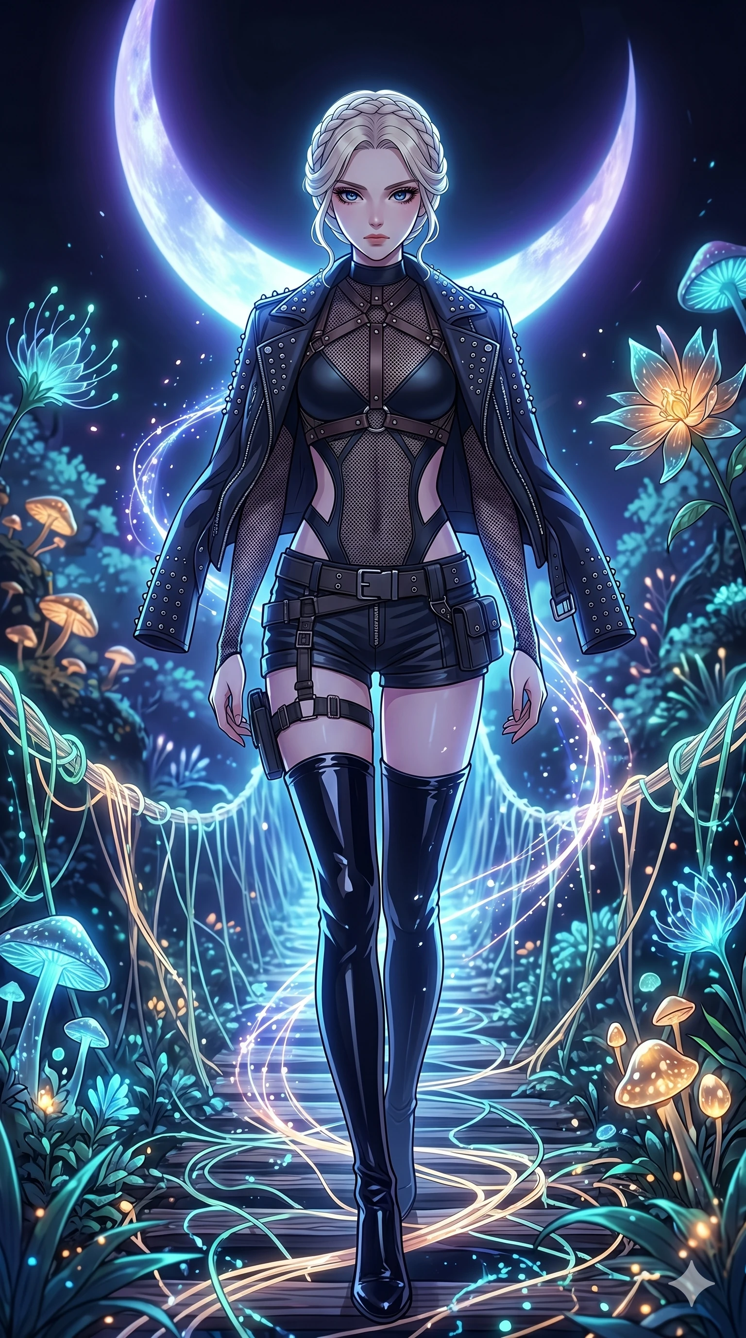 score_9, masterpiece, best quality, ultra-detailed, High-budget Anime Keyframe, vibrant colors, fluid line-art, expressive lighting, cinematic composition, Ufotable-style visual effects, top-tier animation quality, Japanese woman with delicate and elegant anime-inspired features. Upper body close-up from the thighs up, character filling the screen for maximum presence. Walking across a bridge made of woven light and digital vines. She has an absolutely perfect 8-heads proportion, an exceptionally tall and slender female figure with impossibly long slender legs and an ultra-slim waist, her statuesque height and towering silhouette dominating the vertical 9:16 frame. Her face is a masterpiece featuring a sharp v-shaped jawline, high-bridge nose, intricate jewel-like eyes with depth, thick eyelashes, and glossy lips with a natural sheen. She is wearing a Leather harness over a mesh bodysuit with zip-up micro-shorts and tactical belts, studded biker jacket draped over shoulders, and thigh-high patent leather boots, featuring strategic side cut-outs.. The scene is set in a mystical grove under a giant glowing moon that illuminates the fiber-optic flora. 2k, ultra detail, master piece, 9:16 ratio